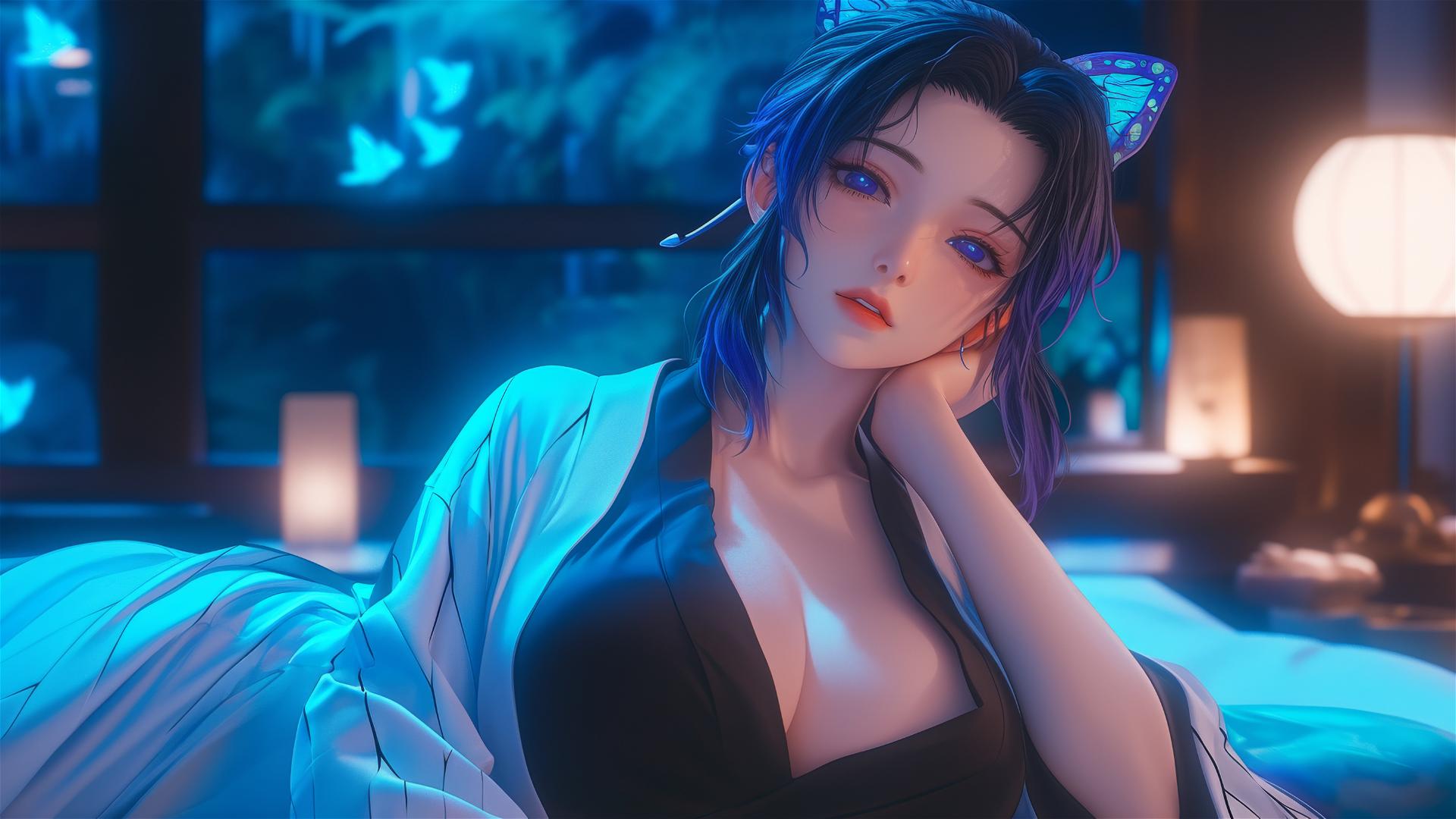 Shinobu Kocho relaxing in a modern hotel room under moonlight