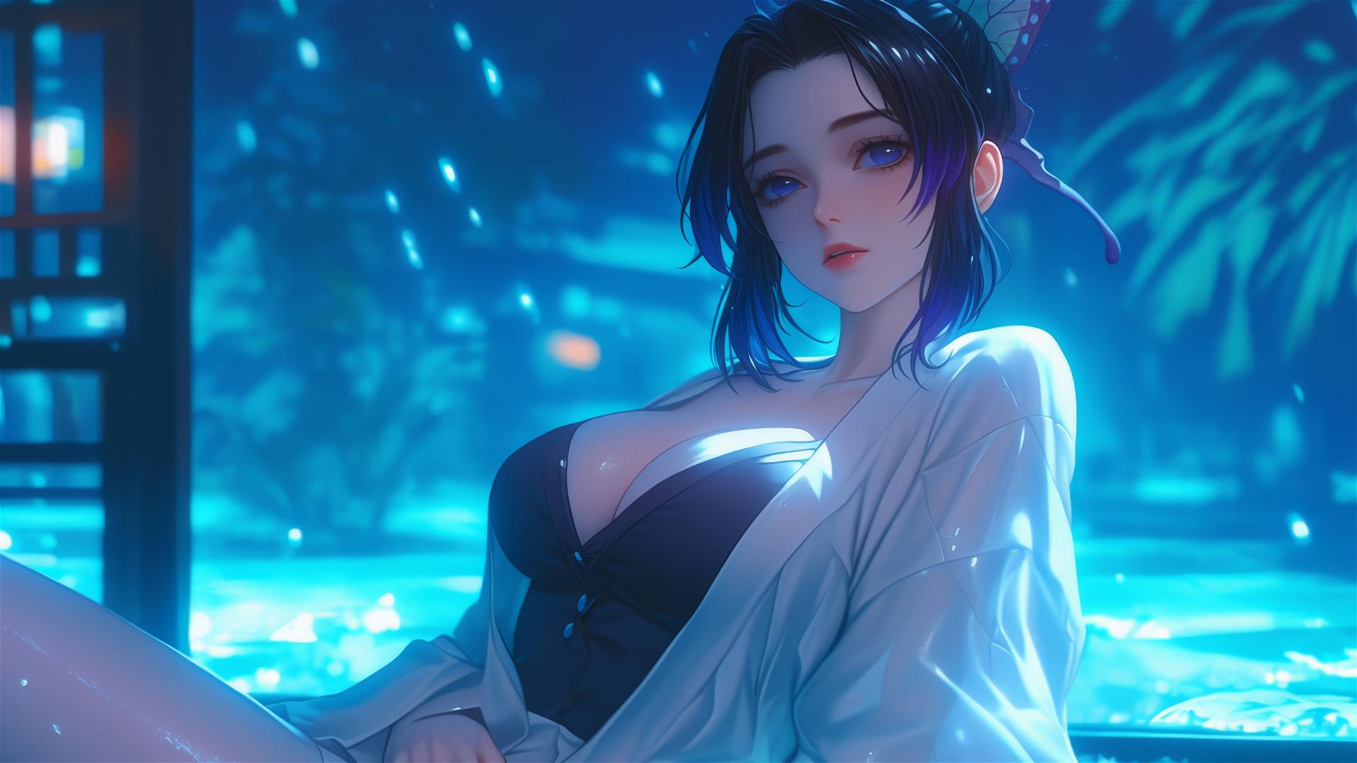 Shinobu Kocho relaxing in a modern hotel room with moonlight glow.