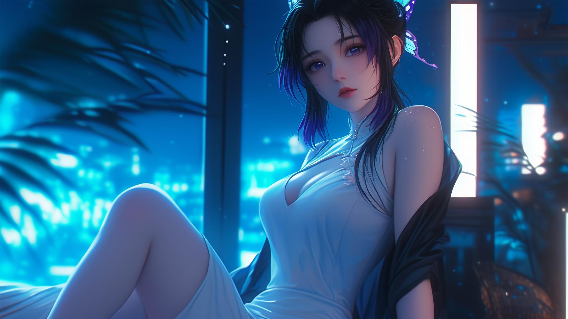 Shinobu Kocho from Demon Slayer resting in modern hotel room with neon lights and moonlight
