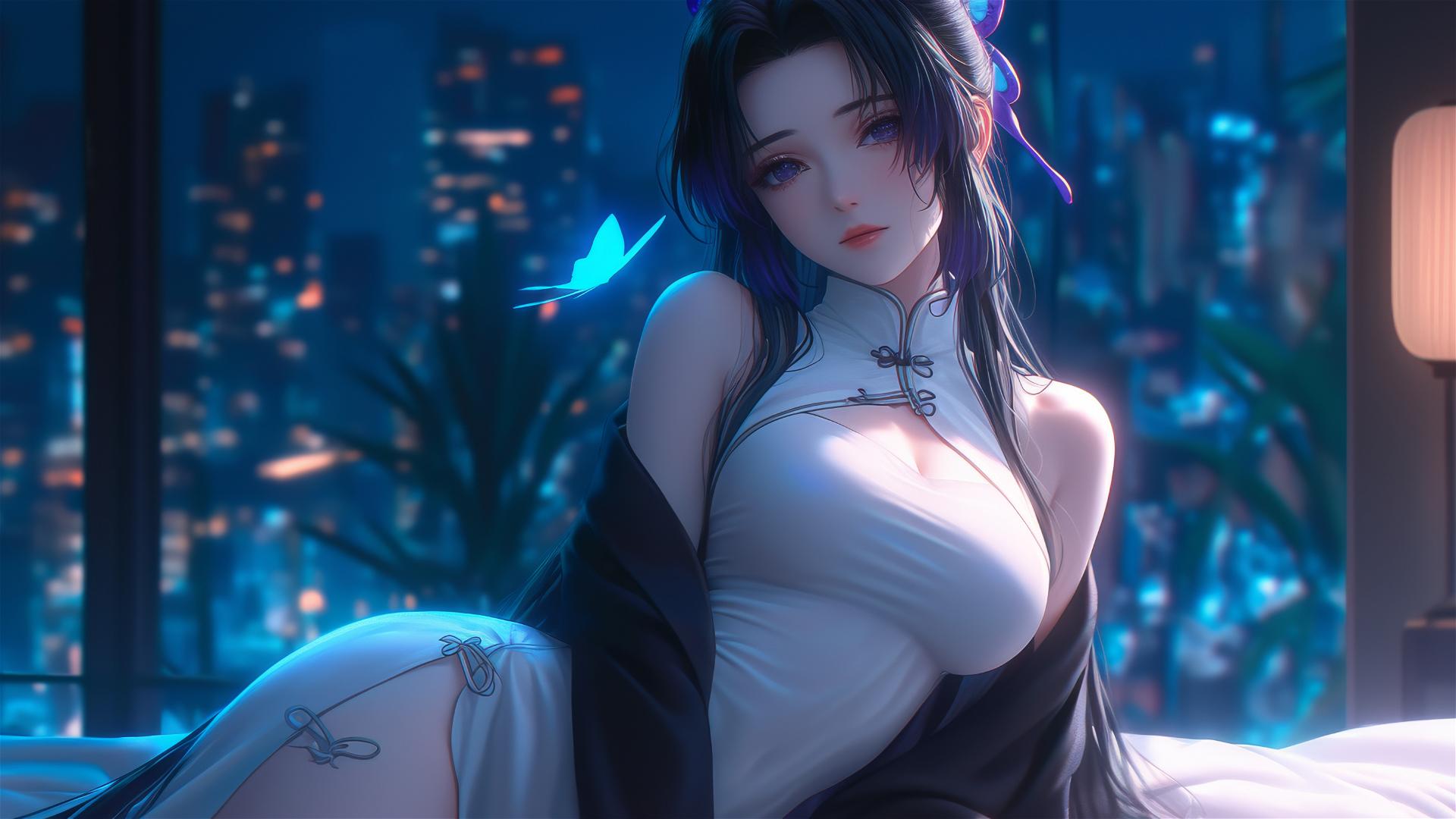 Shinobu Kocho in modern hotel with neon lights and moonlight