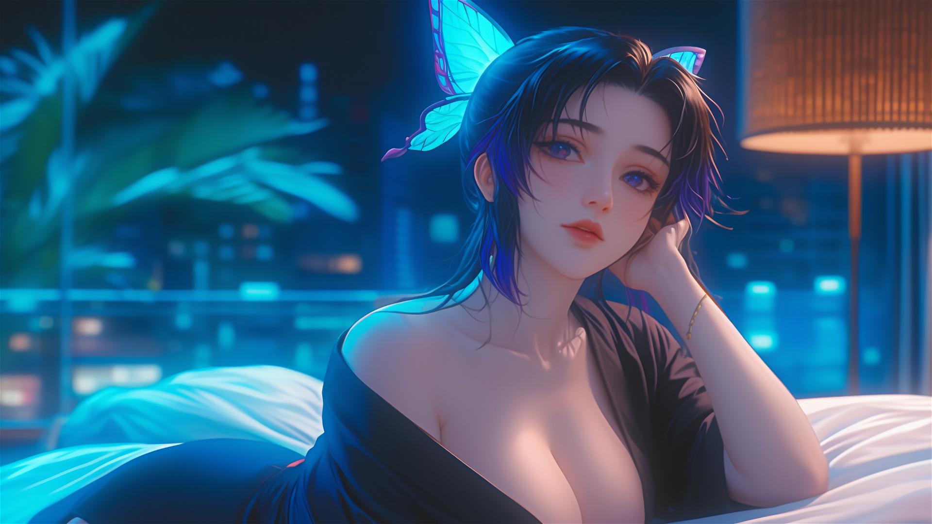 Shinobu Kocho resting in modern hotel room with moonlight glow