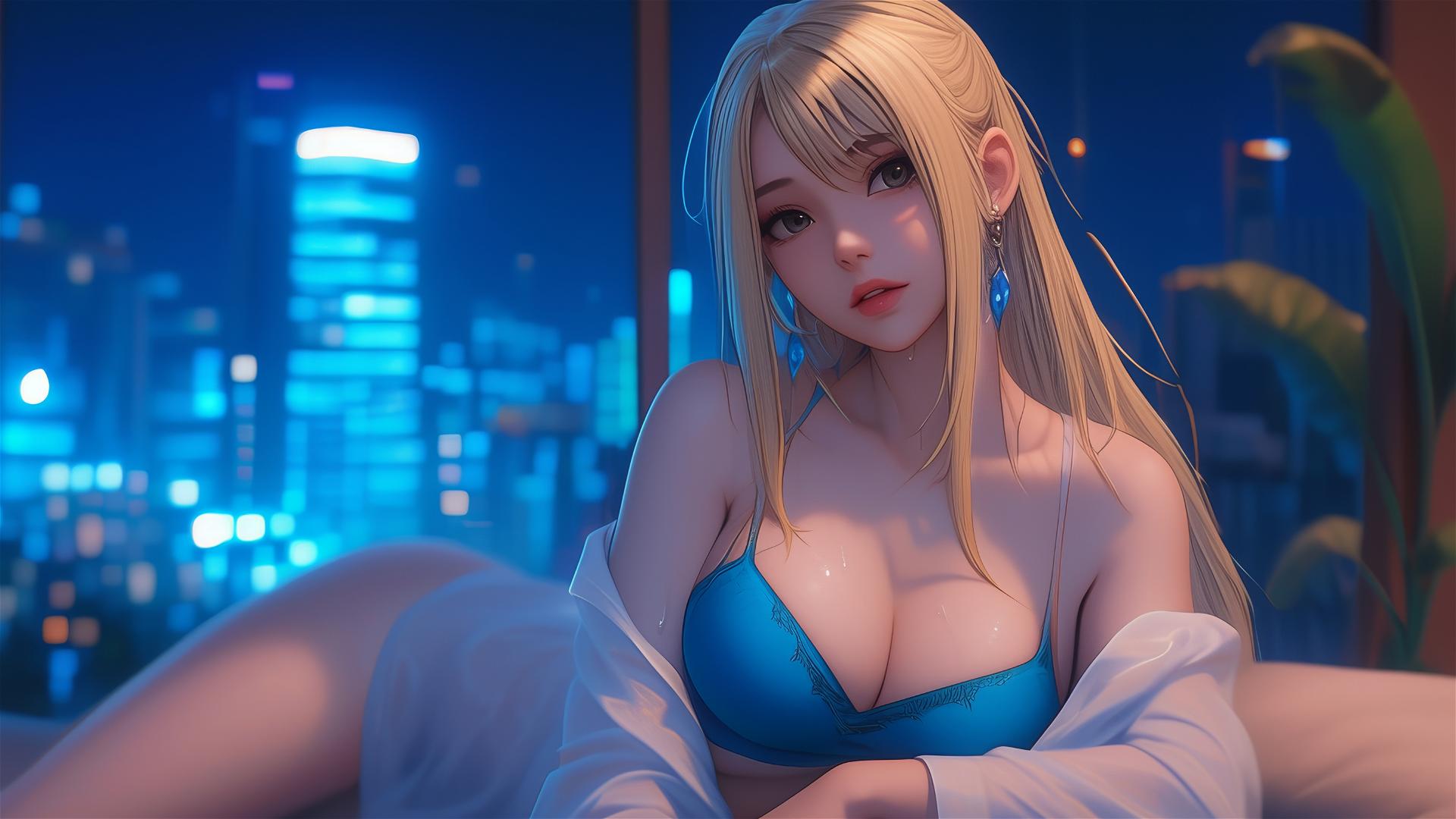 Lucy Heartfilia resting in modern apartment with moonlight glow