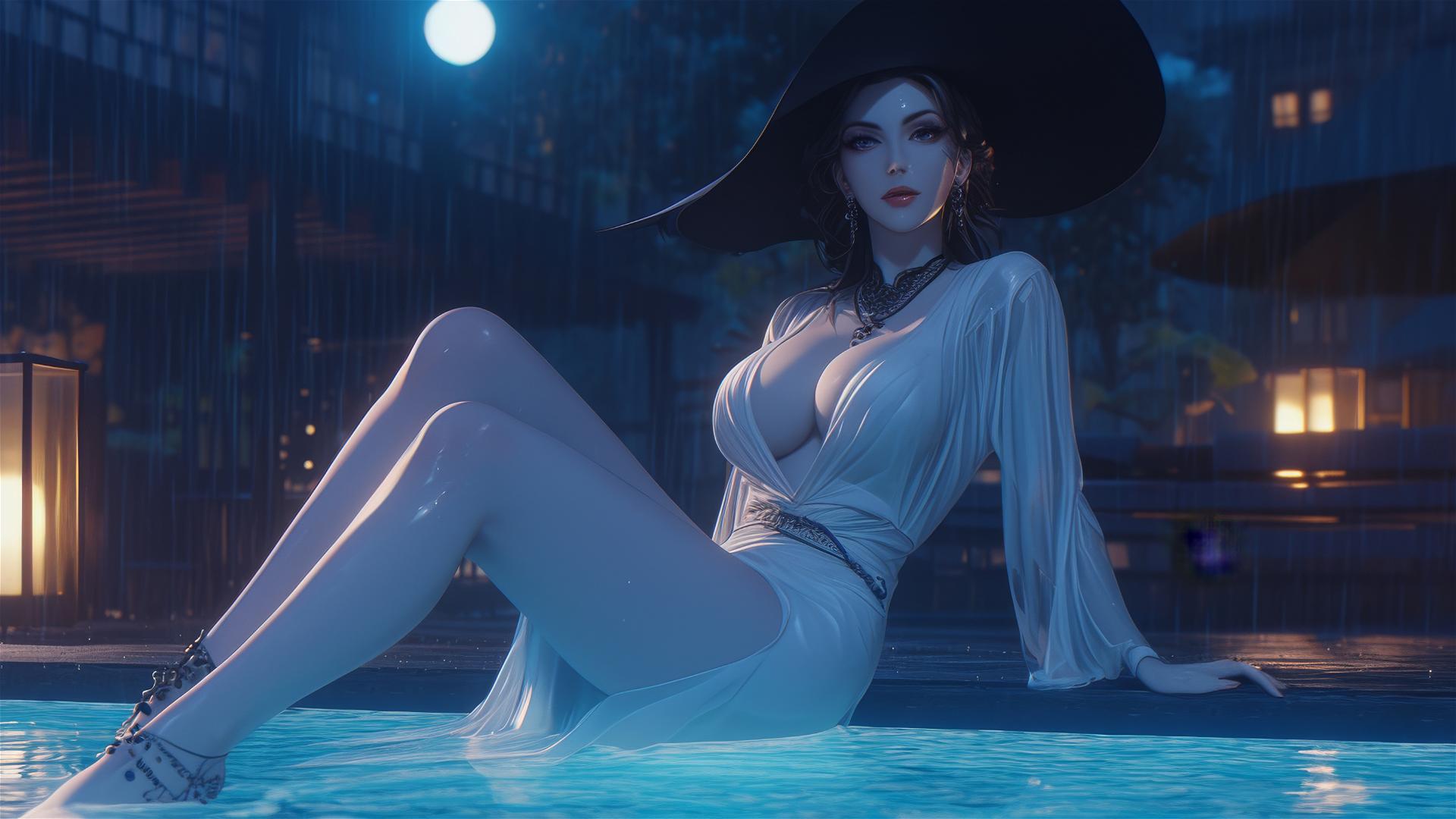 Lady Dimitrescu resting at rainy pool with moonlight glow, a gothic yet beautiful scene.