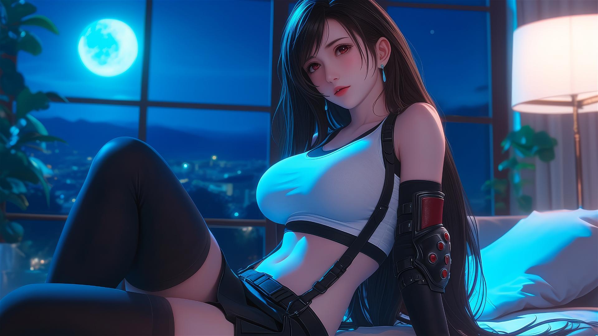 Tifa Lockhart resting in her room with moonlight softly glowing on her figure