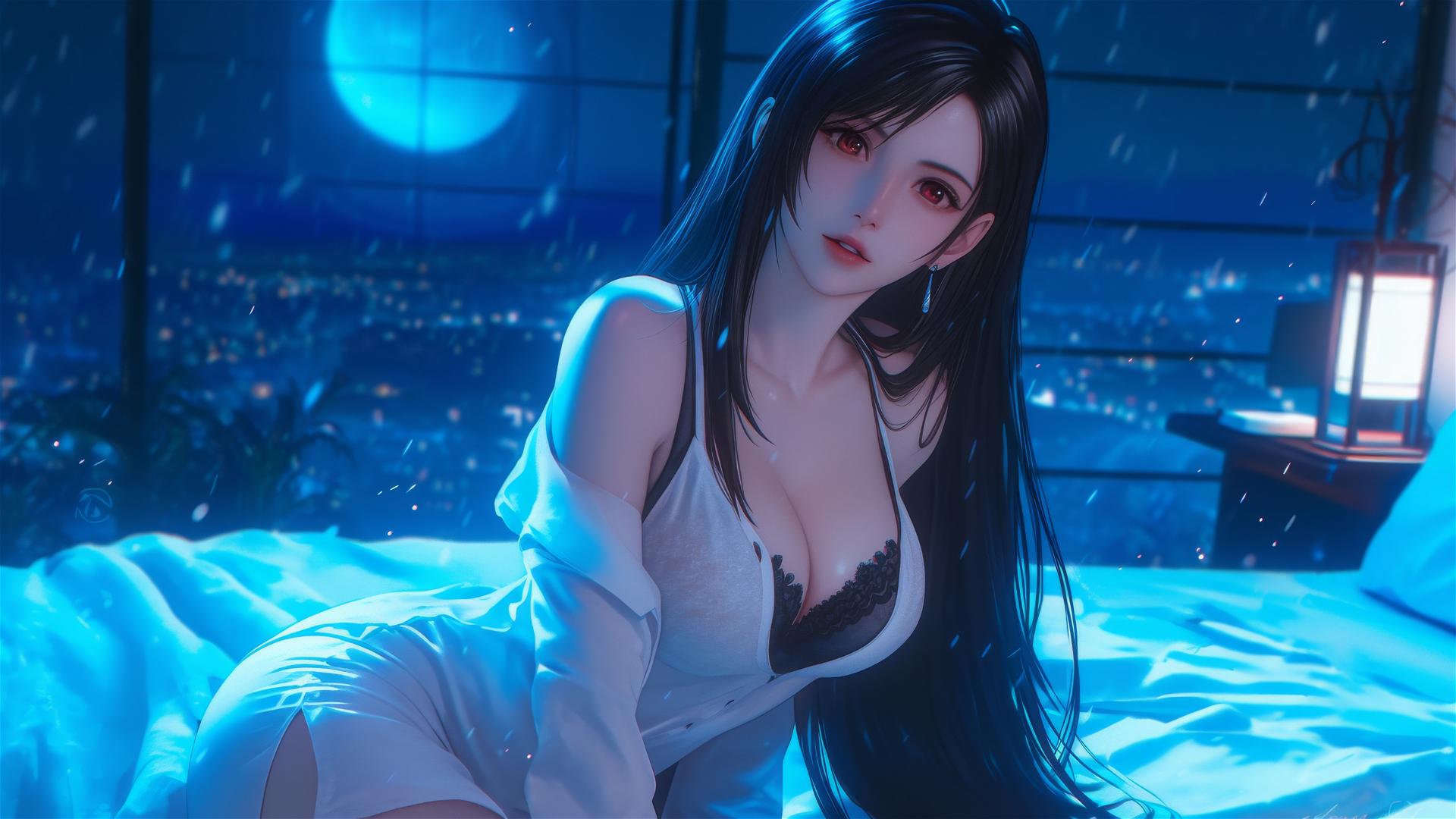 Tifa Lockhart in white pajamas, resting in her room with moonlight glow