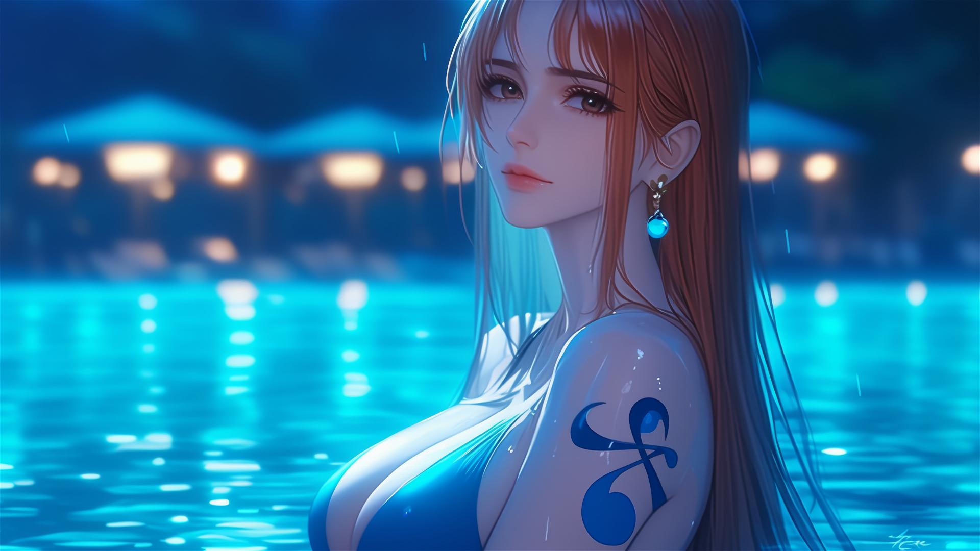 Nami from One Piece resting by the pool in moonlight with rain.