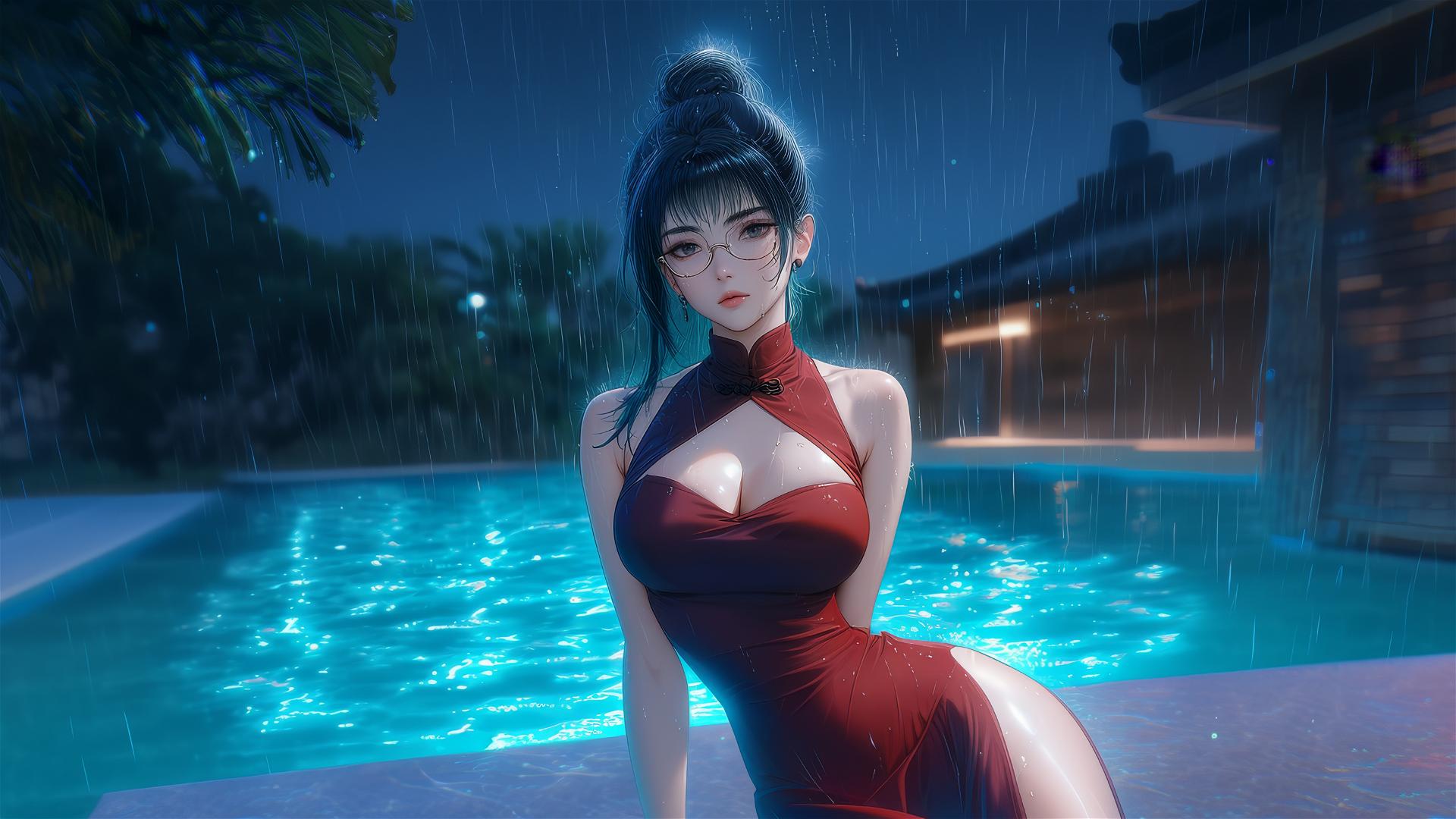 Maki Zenin from Jujutsu Kaisen by the pool in moonlight, wearing glasses and a red dress.