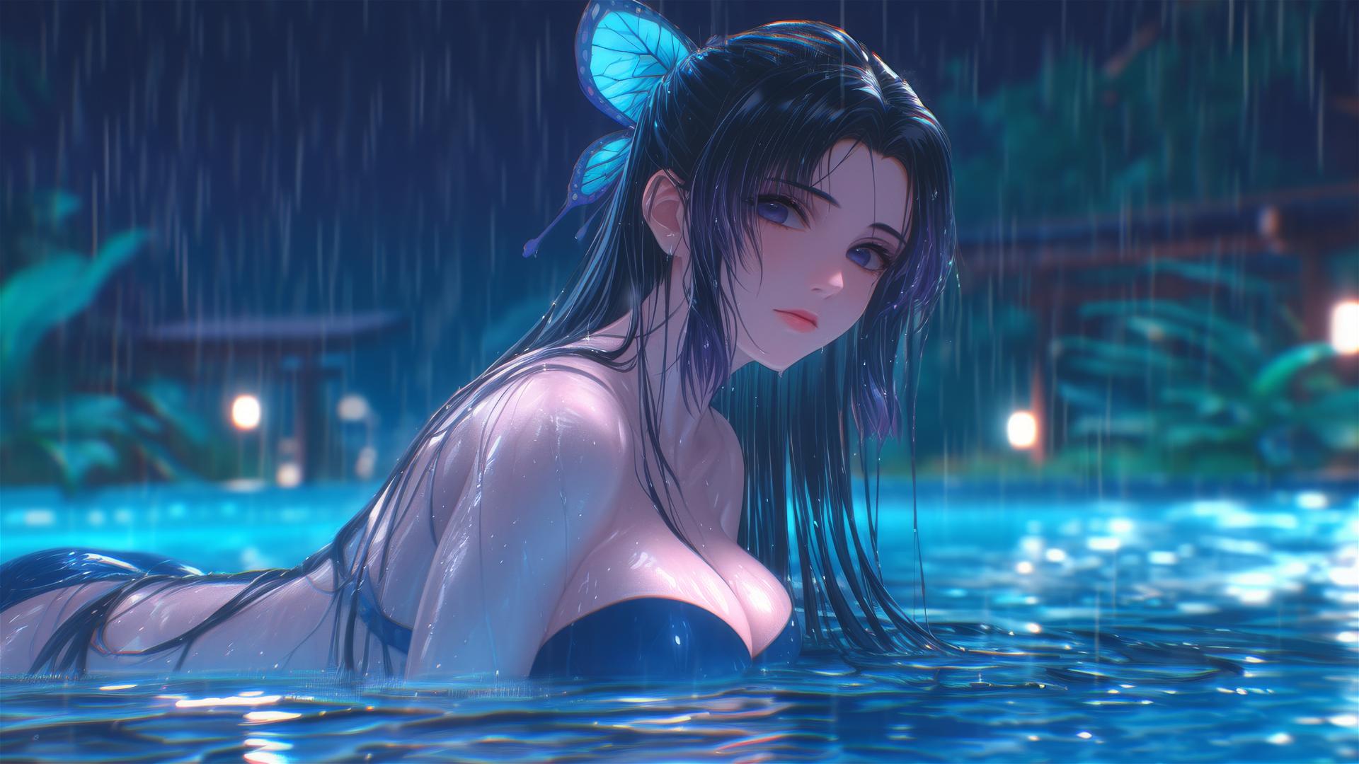 Shinobu Kocho resting by a rainy swimming pool under moonlight