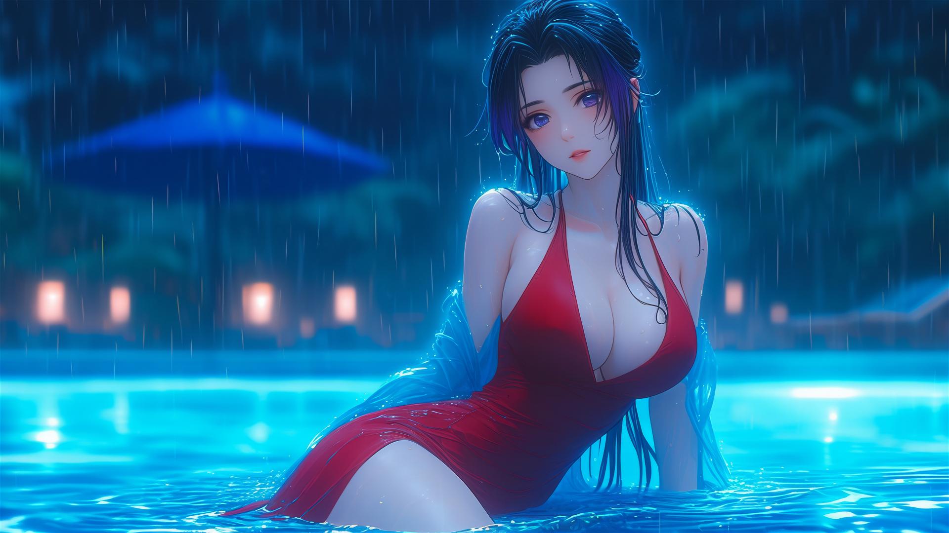 Shinobu Kocho resting by a rainy swimming pool, illuminated by moonlight, wearing a red dress.
