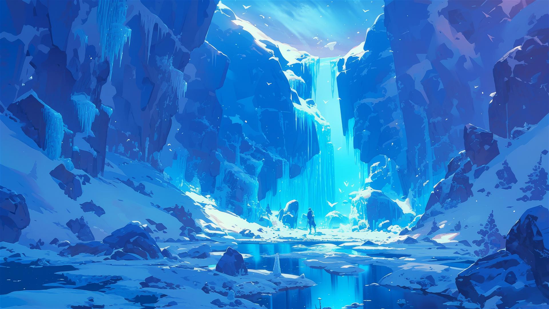 Frozen waterfall with icicles at sunrise