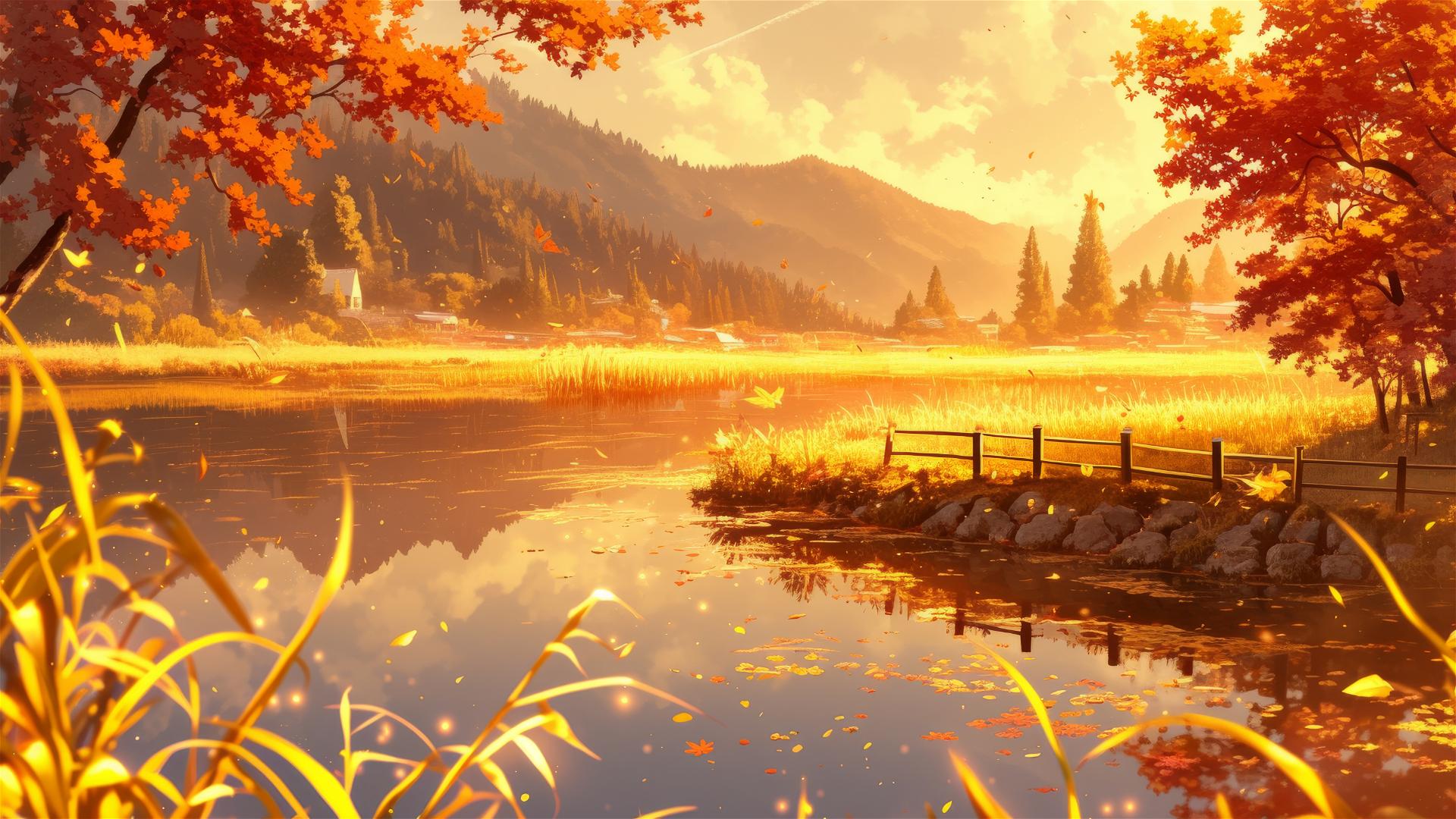 Peaceful autumn river with fiery foliage and glass-like water