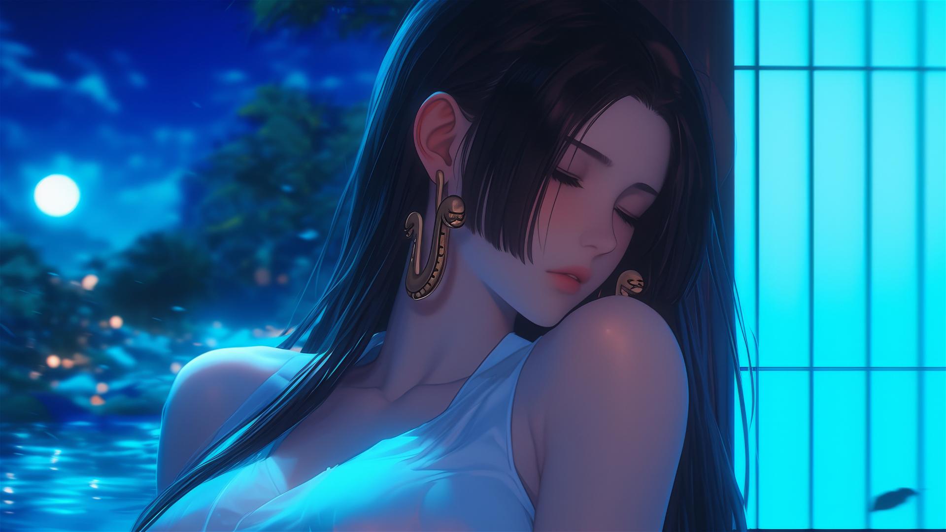 Boa Hancock rests in apartment, moonlight casting a soft glow, short hair