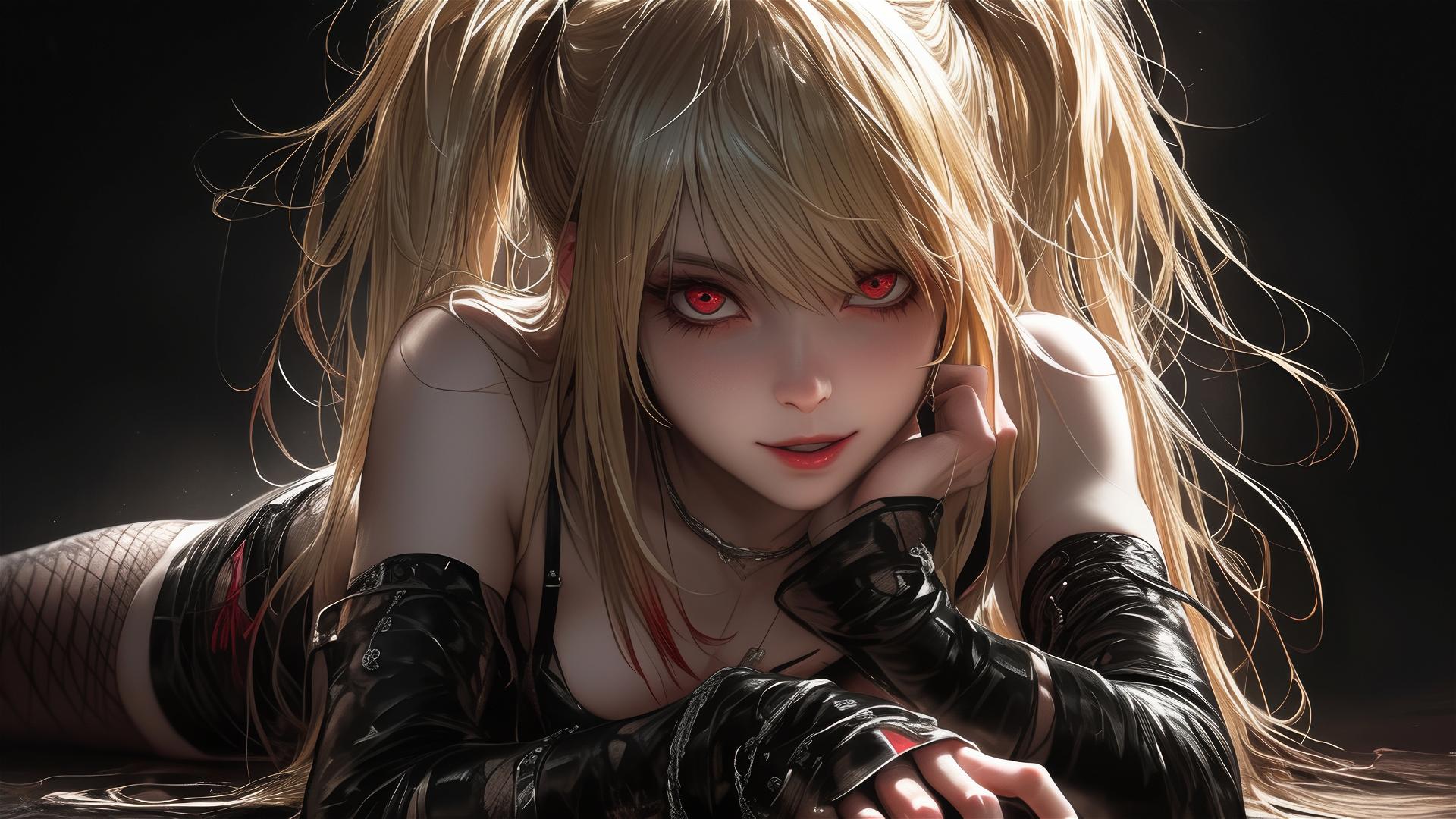 Isolated shot of Misa Amane from Death Note in a dynamic pose with red eyes and spotlight effect