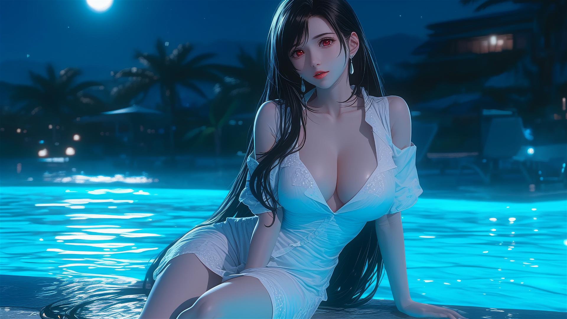 Tifa Lockhart in white silk pajamas resting by swimming pool under moonlight