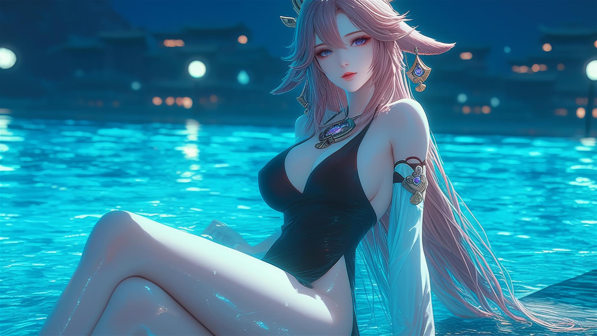 Yae Miko from Genshin Impact resting by the pool under moonlight