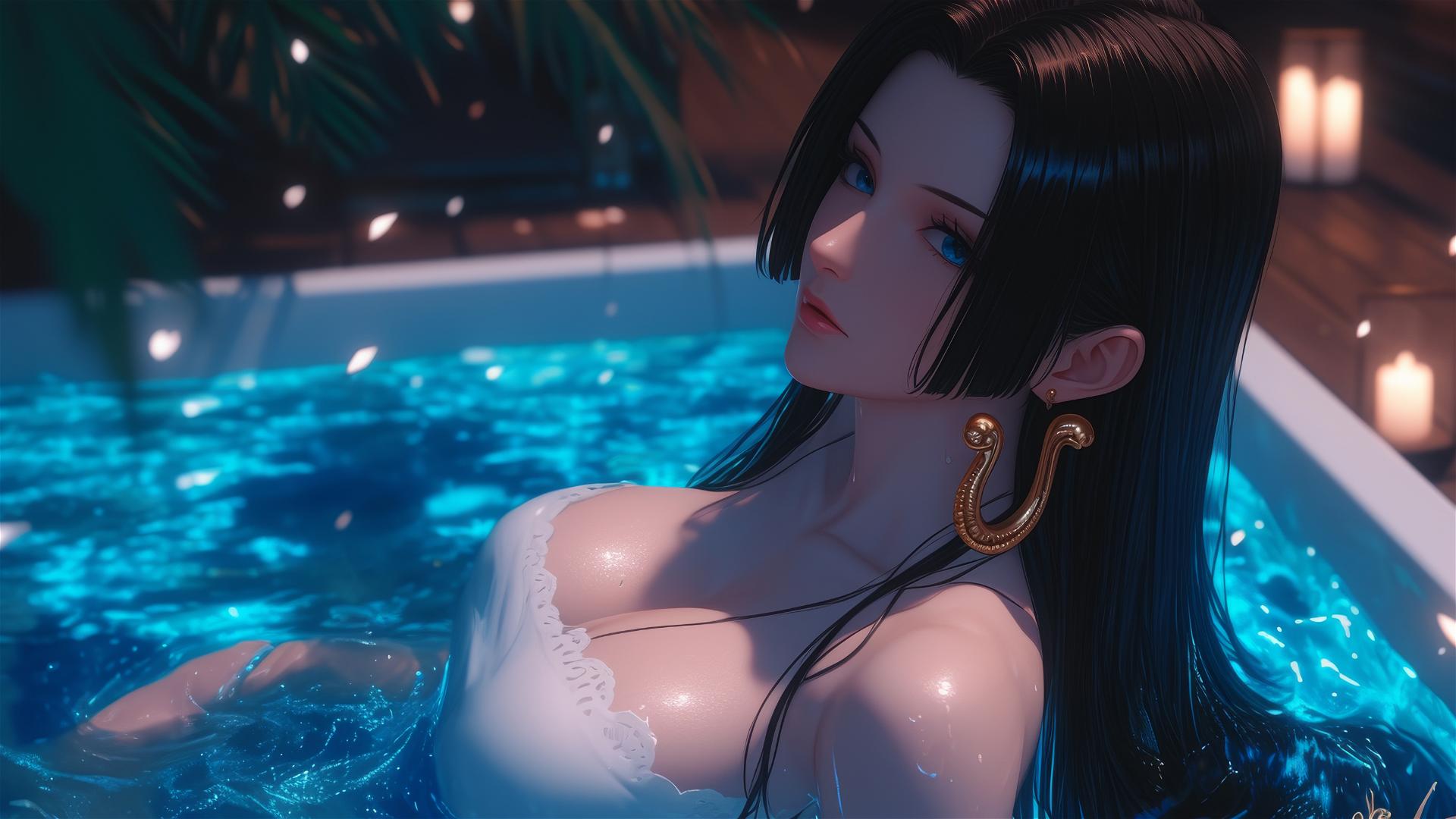 Boa Hancock from One Piece rests in a tub under moonlight