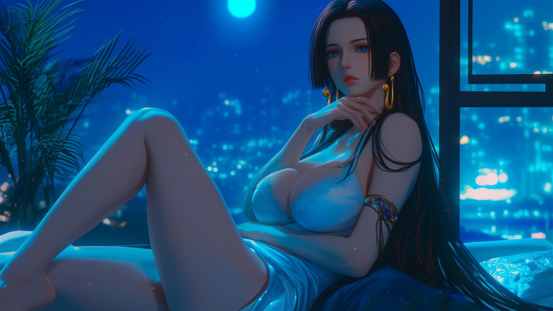 Boa Hancock from One Piece resting in a tub under moonlight.