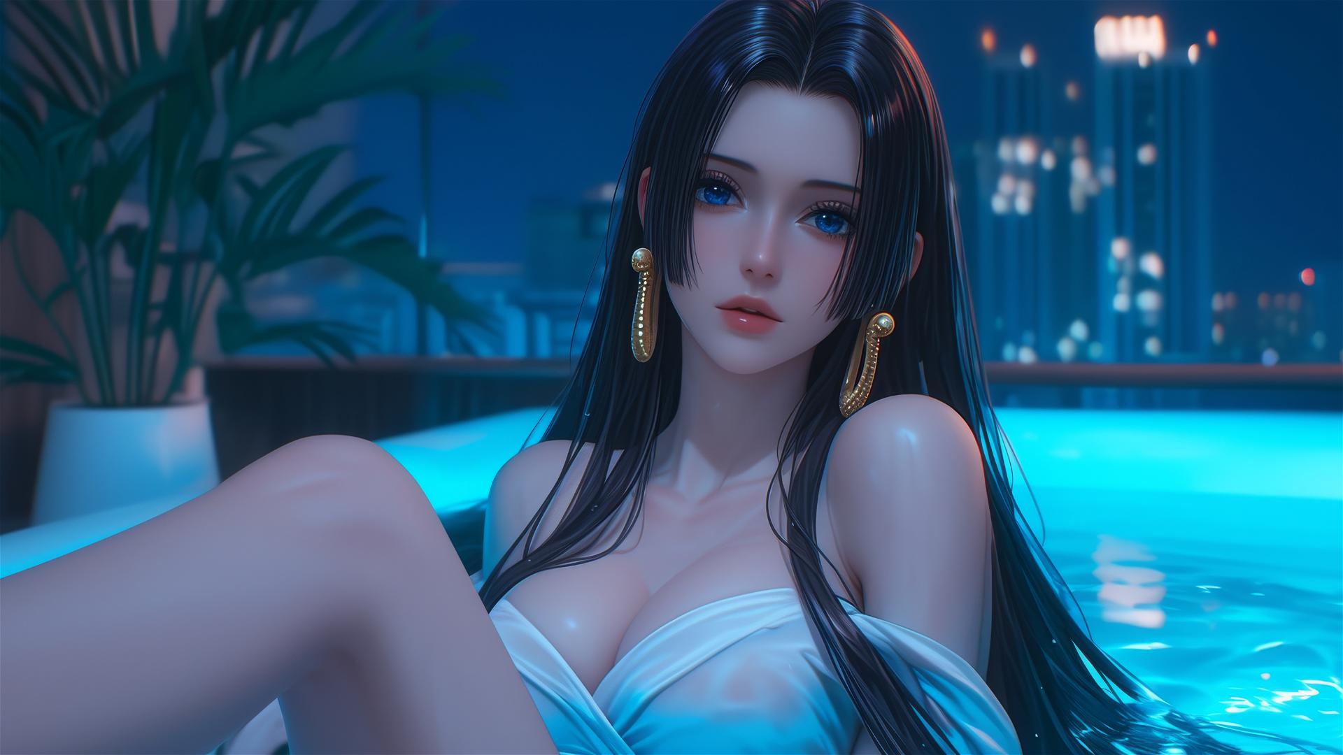 Boa Hancock resting in a tub, bathed in moonlight