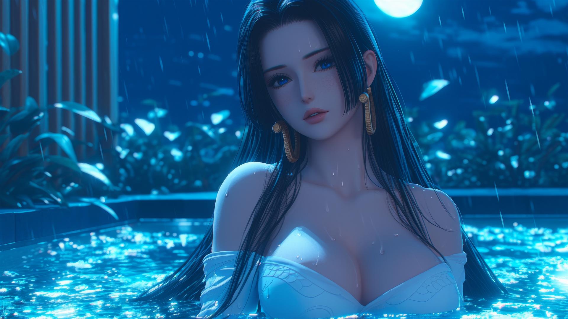 Boa Hancock resting in a tub with moonlight glow