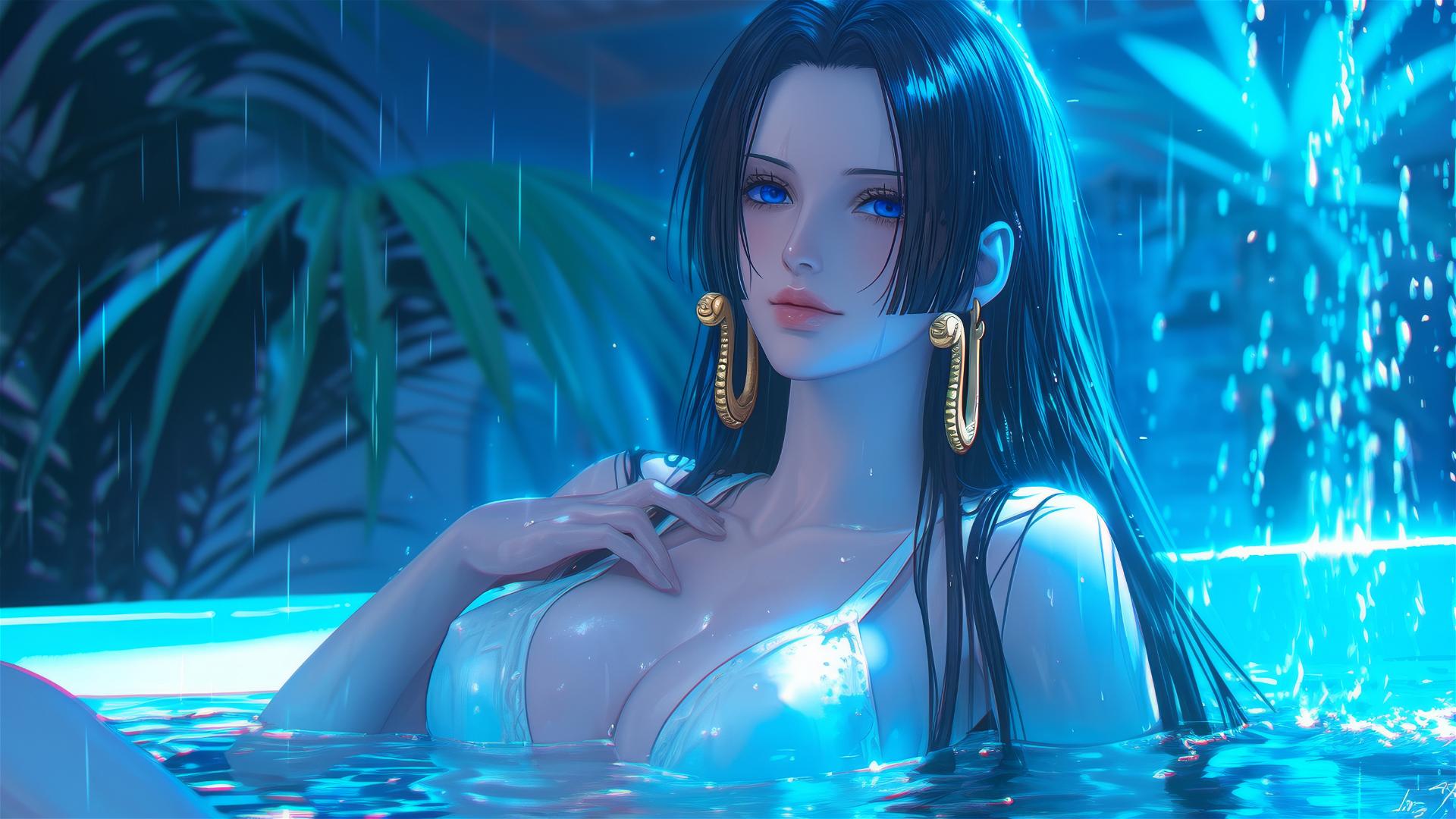 Boa Hancock resting in a tub under moonlight