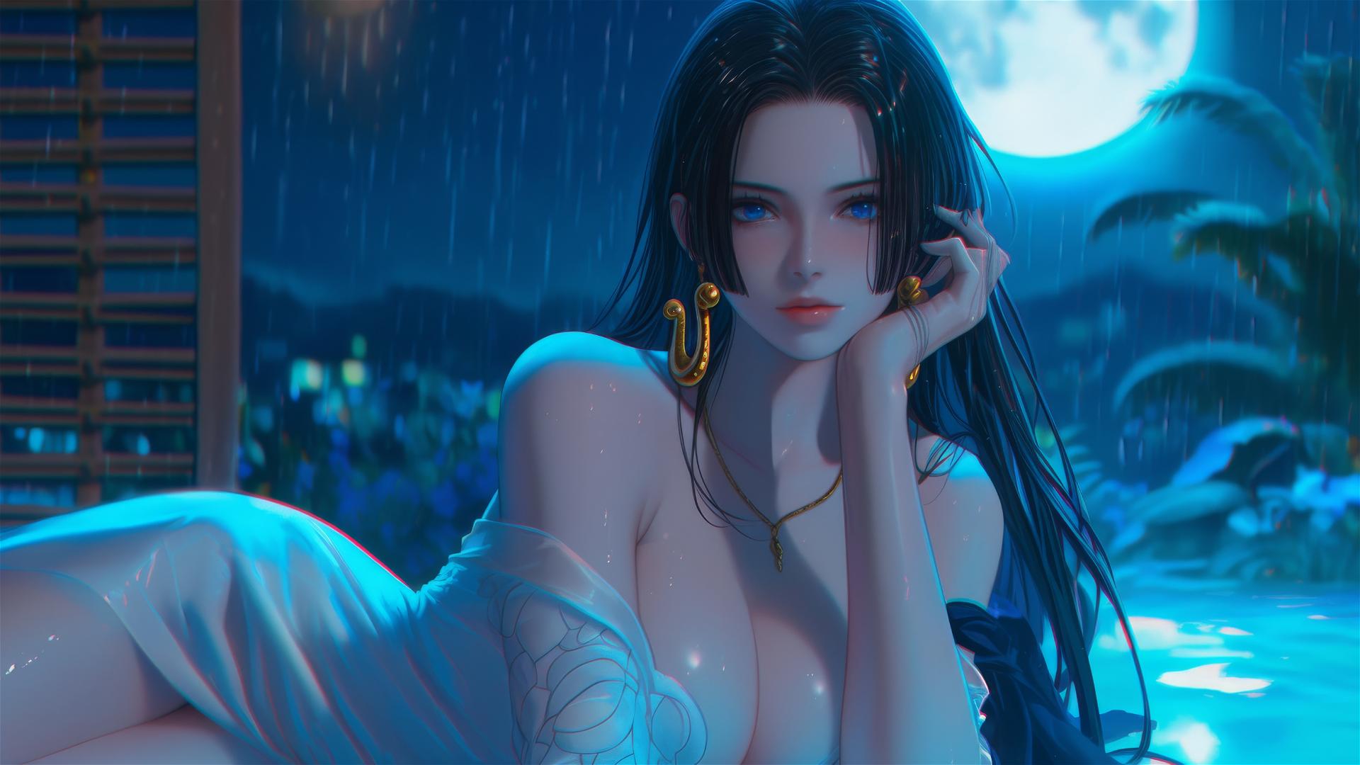 Boa Hancock from One Piece resting in a tub with moonlight glow.