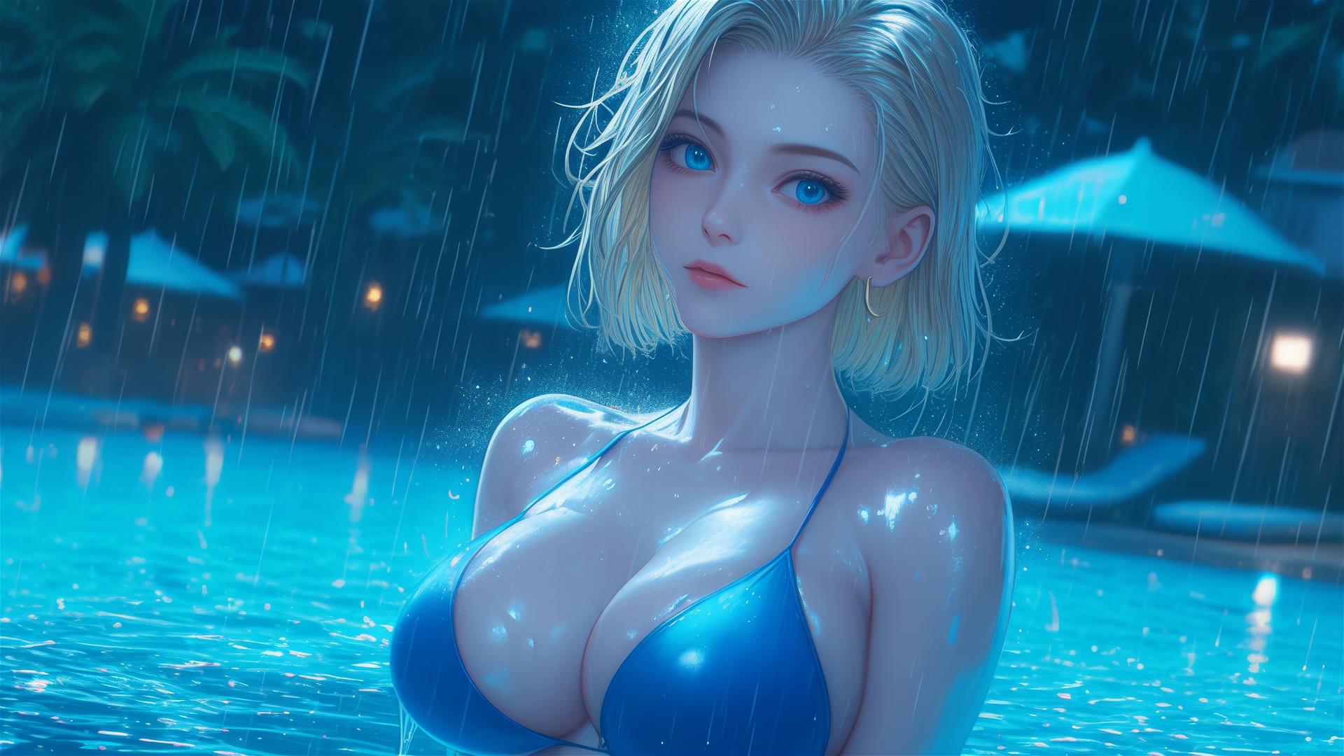Android 18 resting by a rainy pool under moonlight