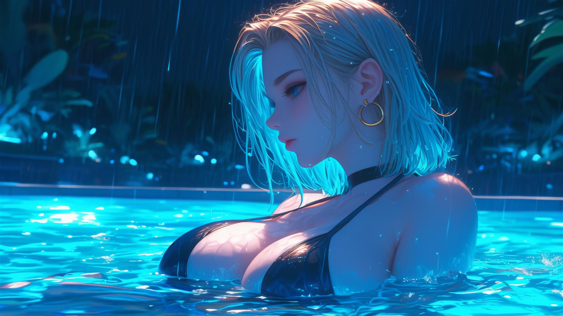 Android 18 resting by a rainy swimming pool under moonlight