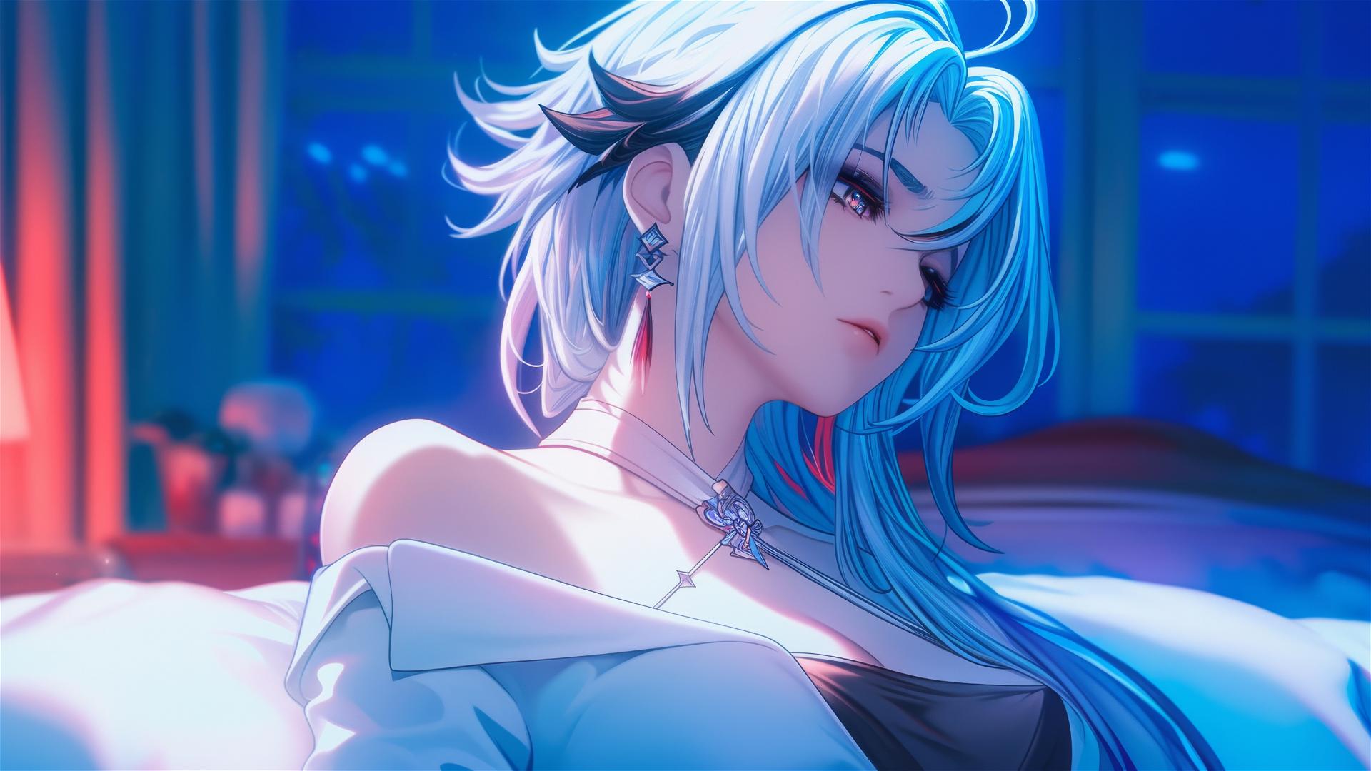 Arlecchino from Genshin Impact with snow white hair and black streaks in a modern hotel room