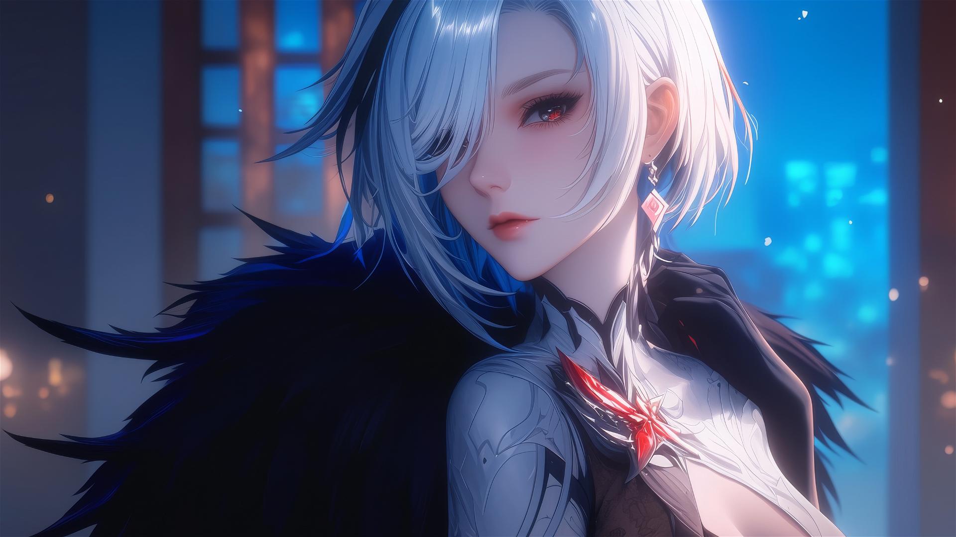 Arlecchino from Genshin Impact with snow white hair and red 'x'-shaped pupils, in modern hotel room under moonlight.