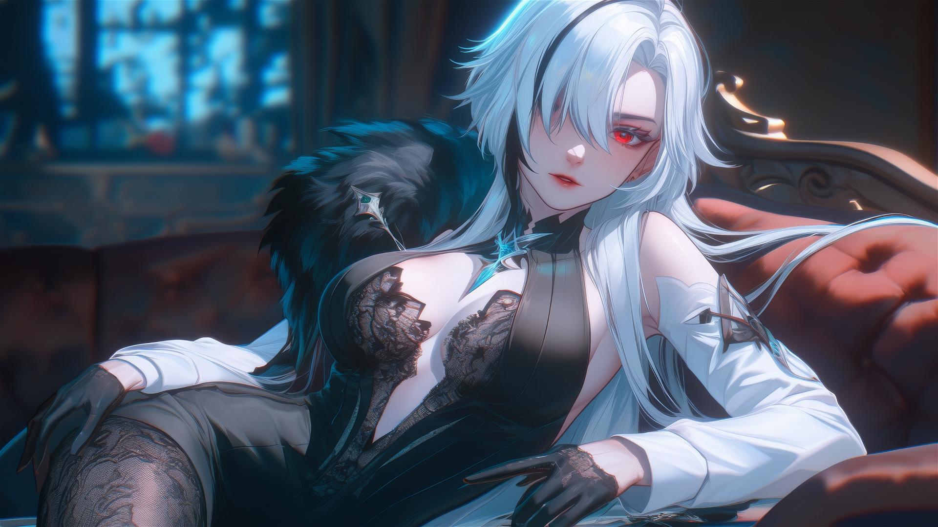 Arlecchino from Genshin Impact with snow white hair and black streaks, resting in a modern hotel room under moonlight.