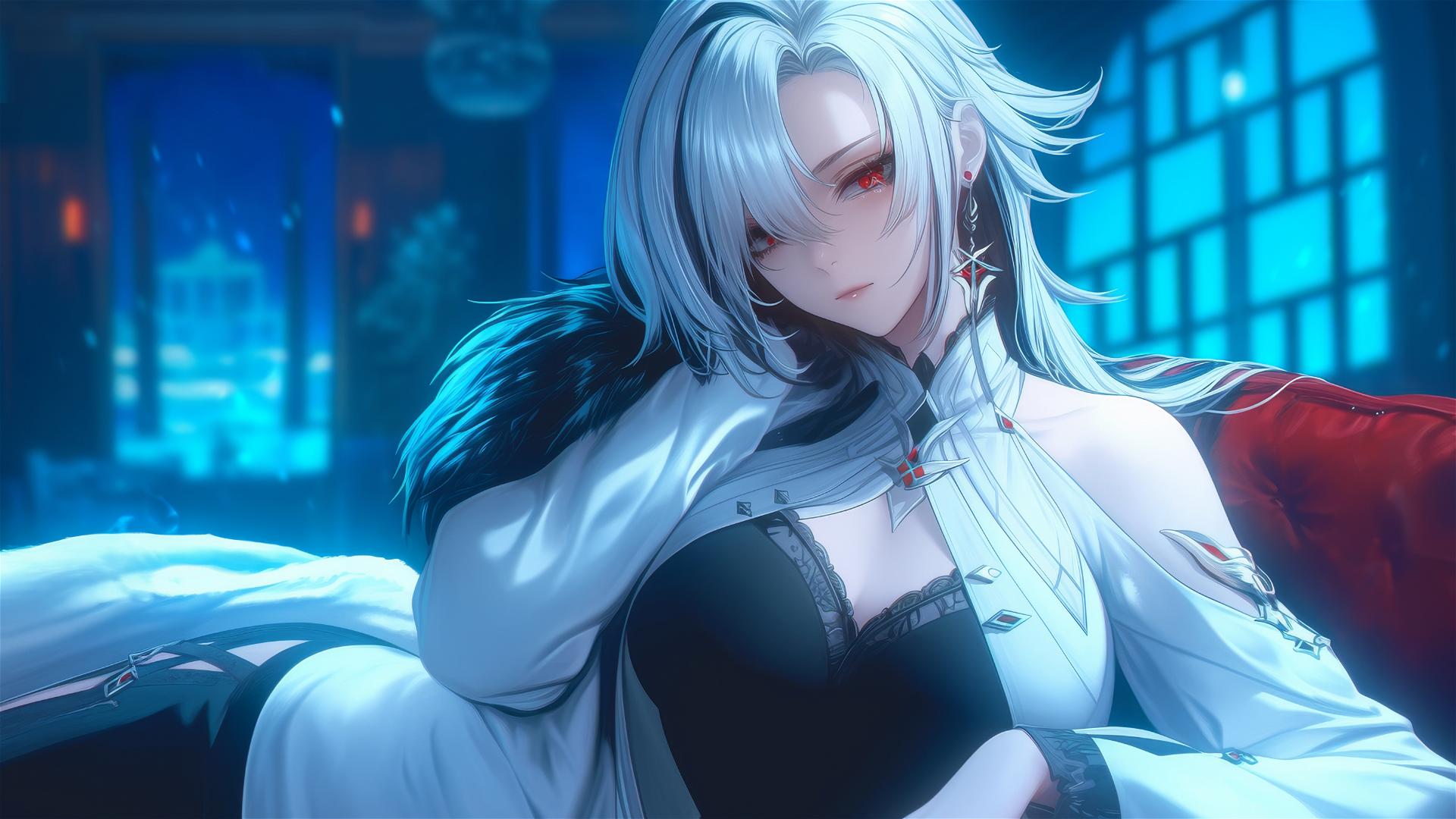 Arlecchino from Genshin Impact with snow white hair and black streaks, red x-shaped pupils, resting in a modern hotel room illuminated by moonlight.
