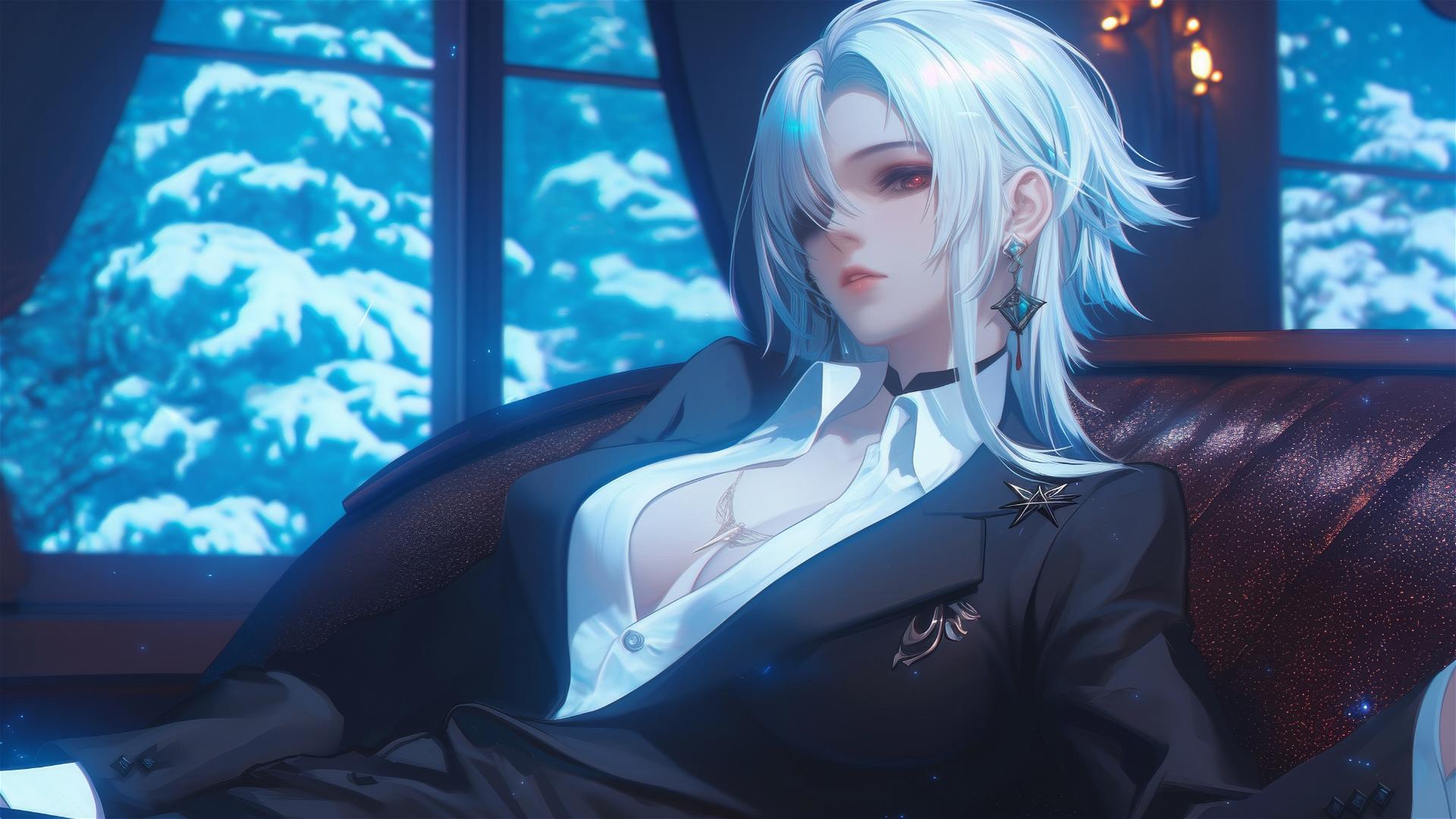 Arlecchino from Genshin Impact with snow white hair and black streaks, resting in a modern hotel room illuminated by moonlight.