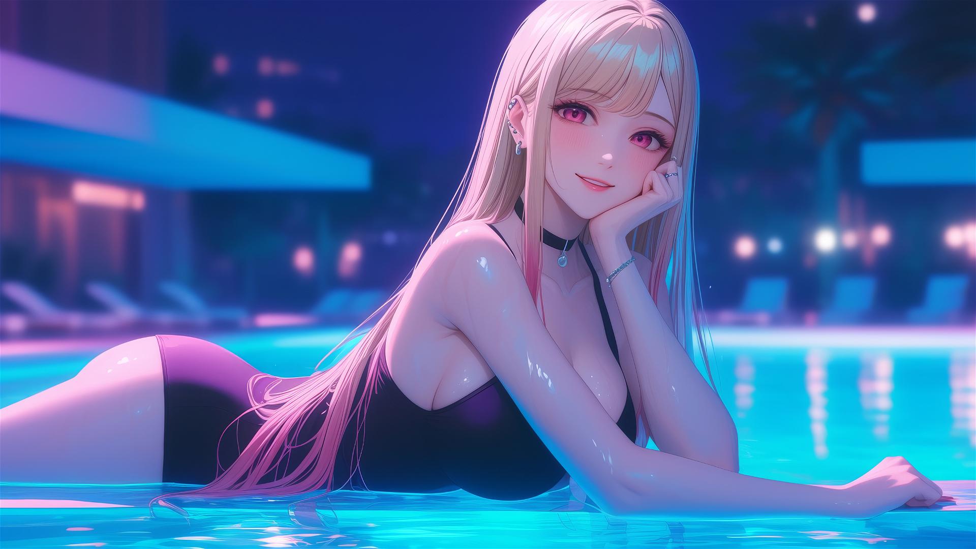 Marin Kitagawa resting at a rainy swimming pool under moonlight