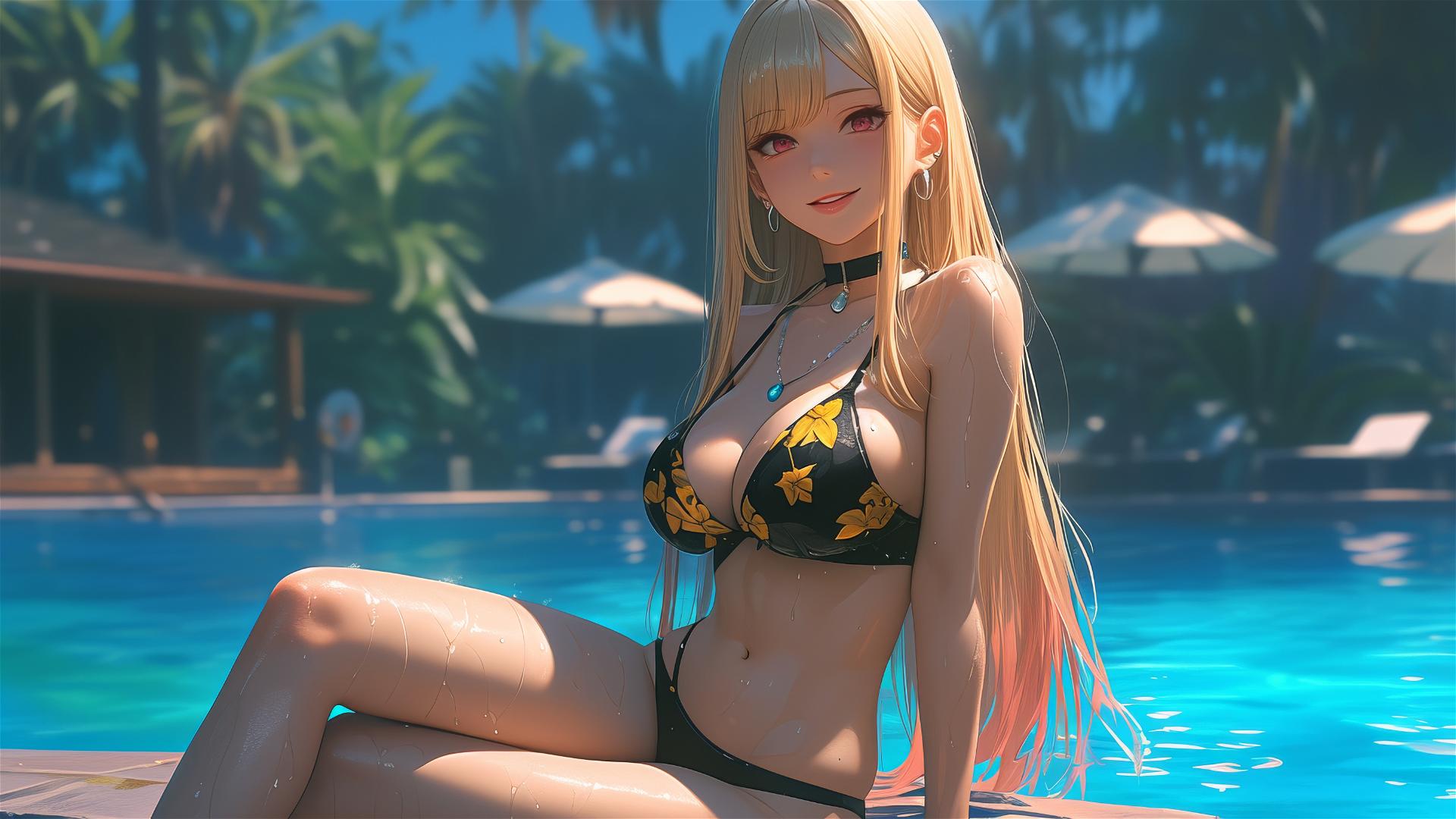 Marin Kitagawa sitting at a rainy pool with moonlight and pinkish-red hair tips.