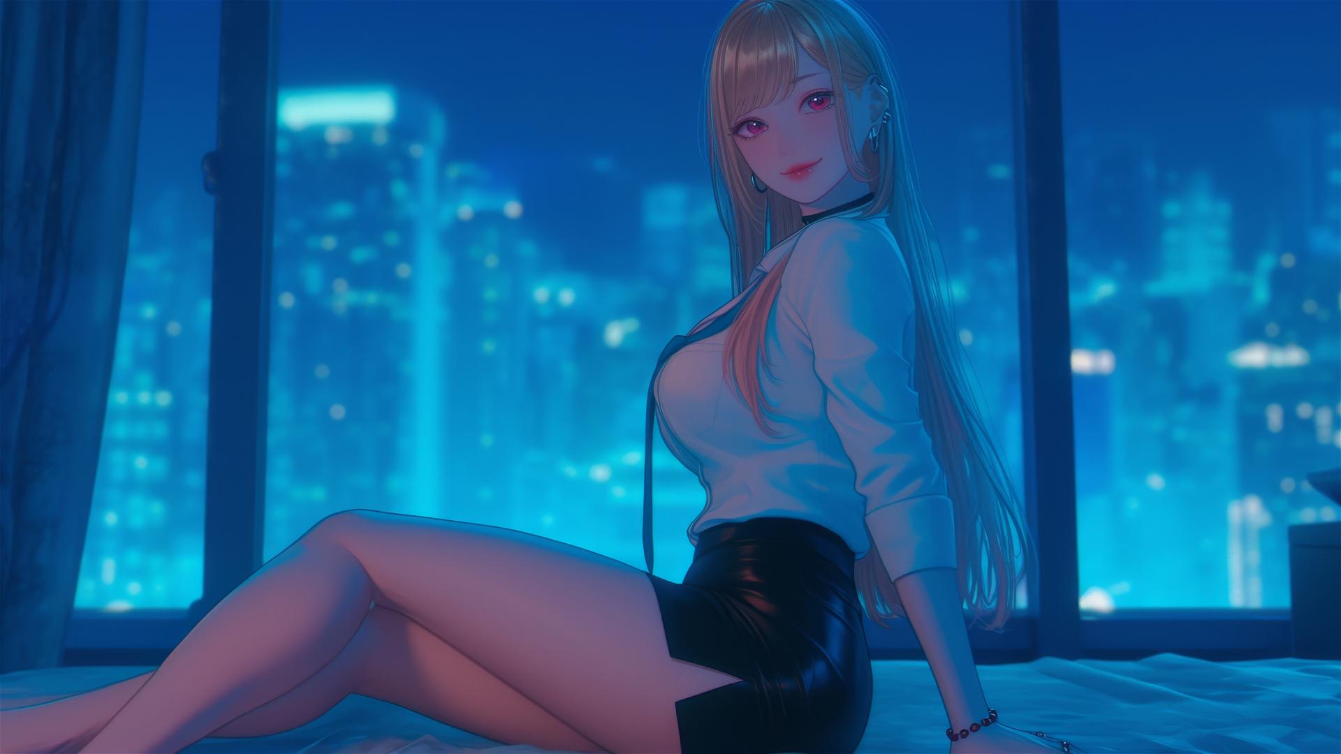 Marin Kitagawa sitting on a hotel bed with moonlight on her.