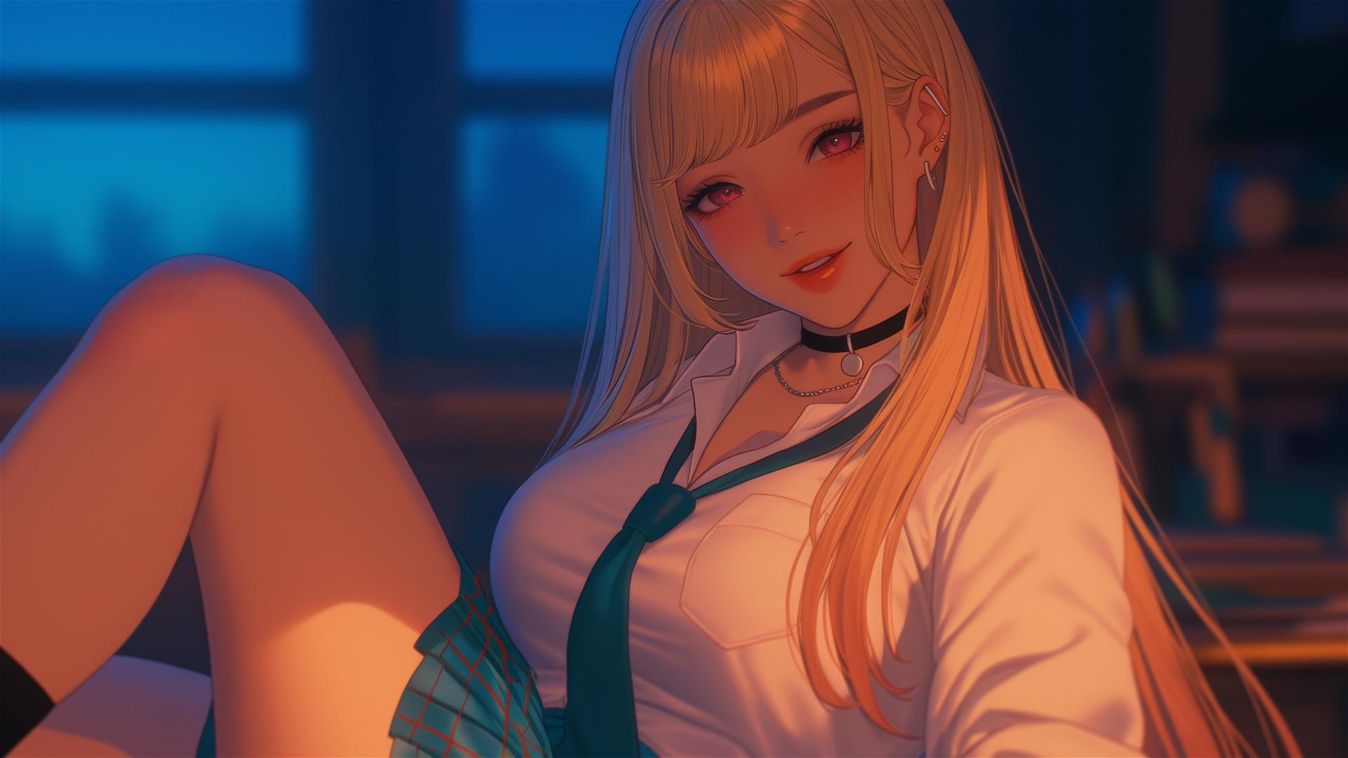Marin Kitagawa sitting on hotel bed, illuminated by moonlight