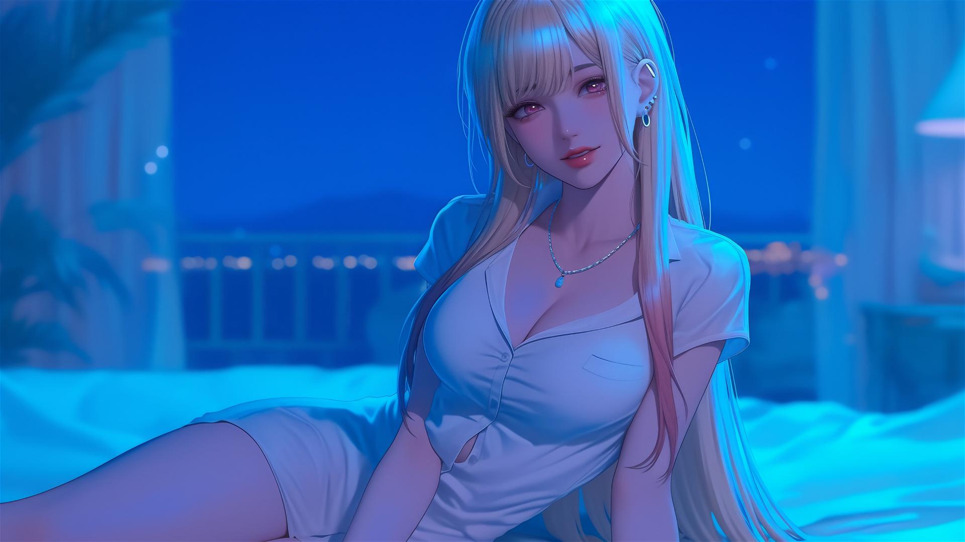 Marin Kitagawa sitting on a hotel bed in moonlight