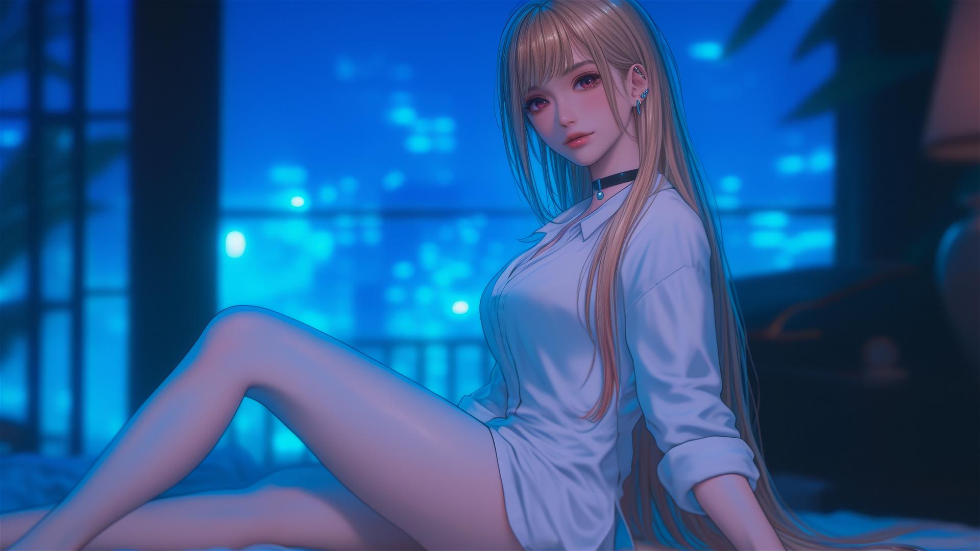 Marin Kitagawa sitting on a hotel bed with moonlight casting a soft glow.