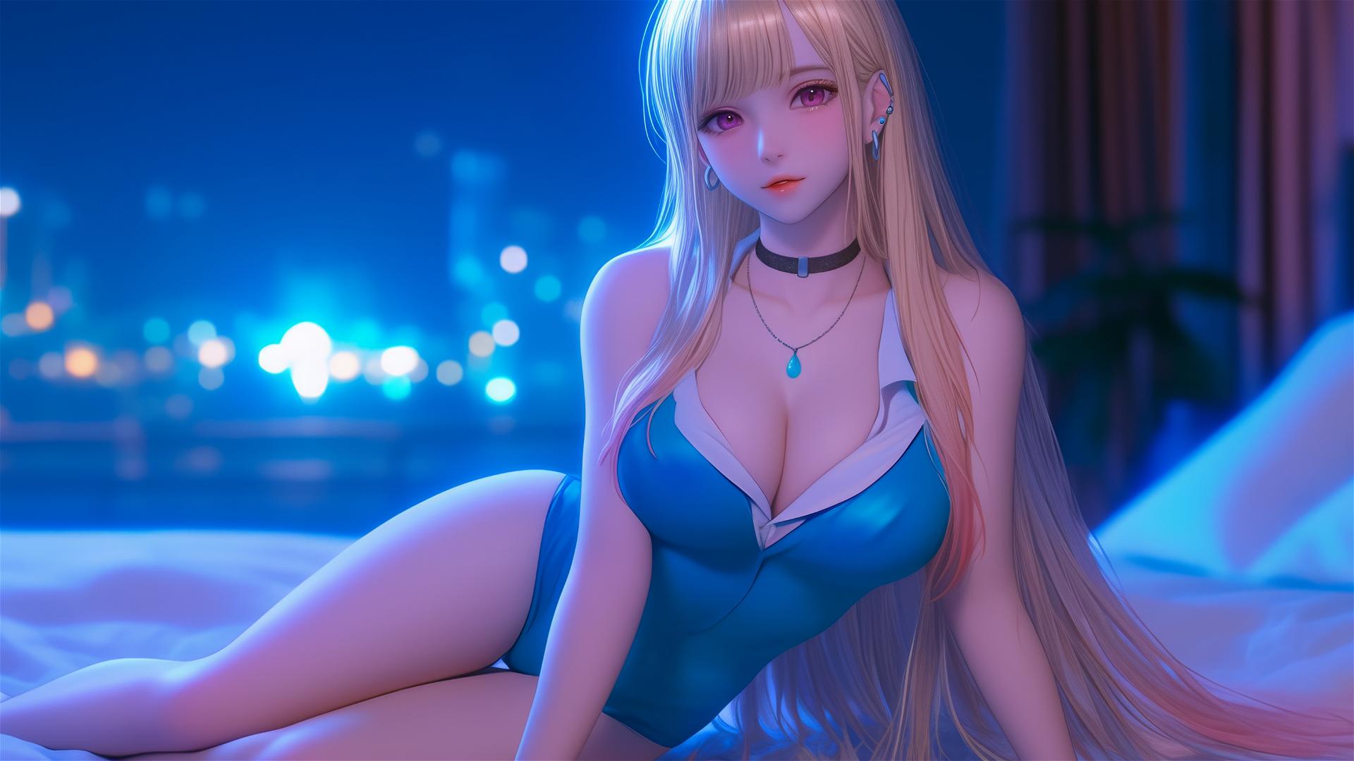Marin Kitagawa sitting on hotel bed under moonlight with silky blonde hair and pinkish eyes.
