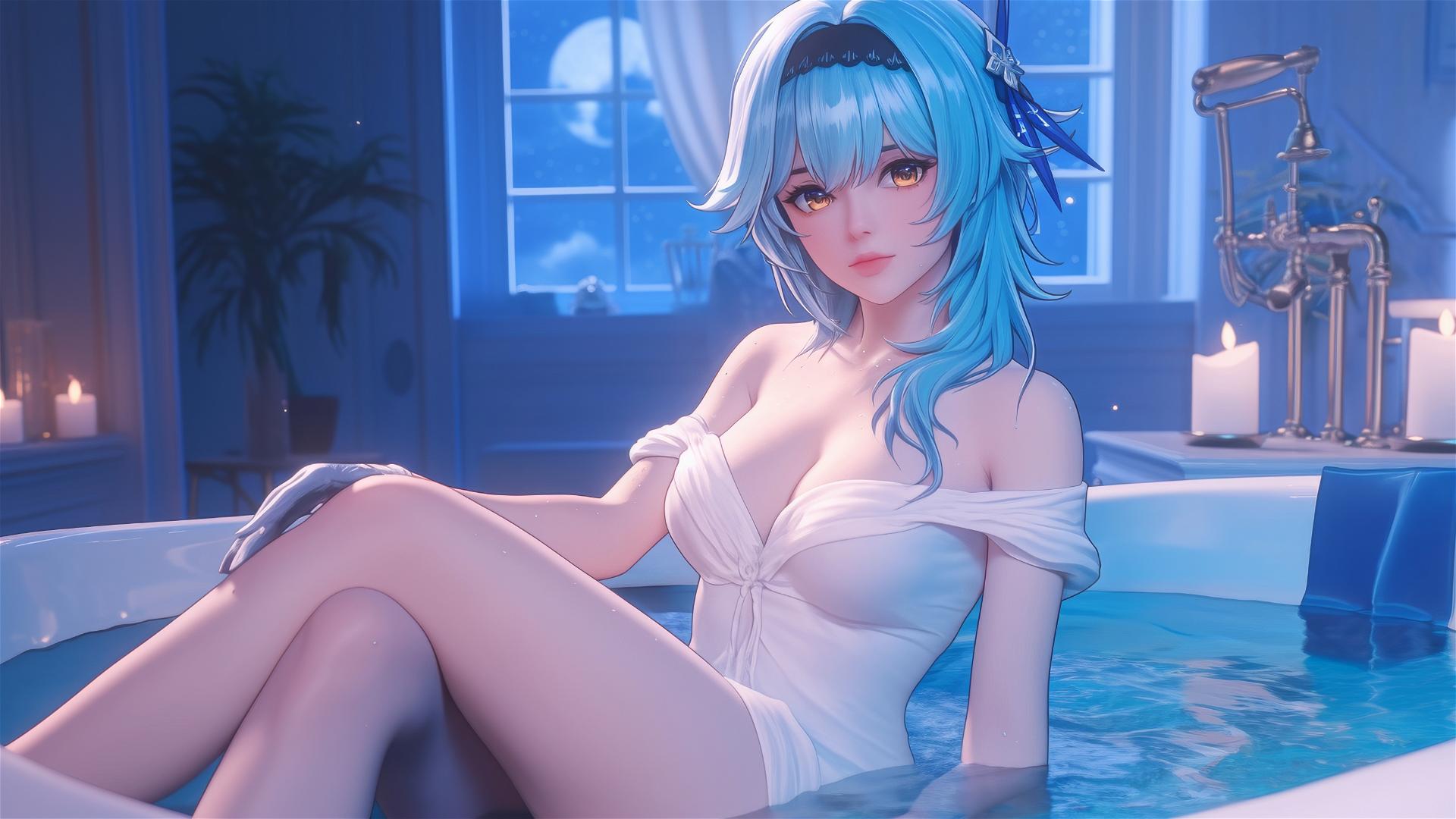 Eula Lawrence from Genshin Impact resting in a tub under moonlight