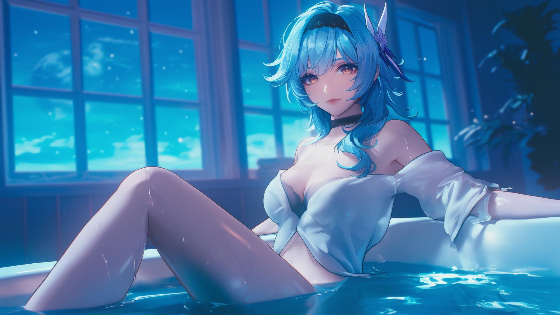 Eula Lawrence resting in a moonlit tub, light blue hair