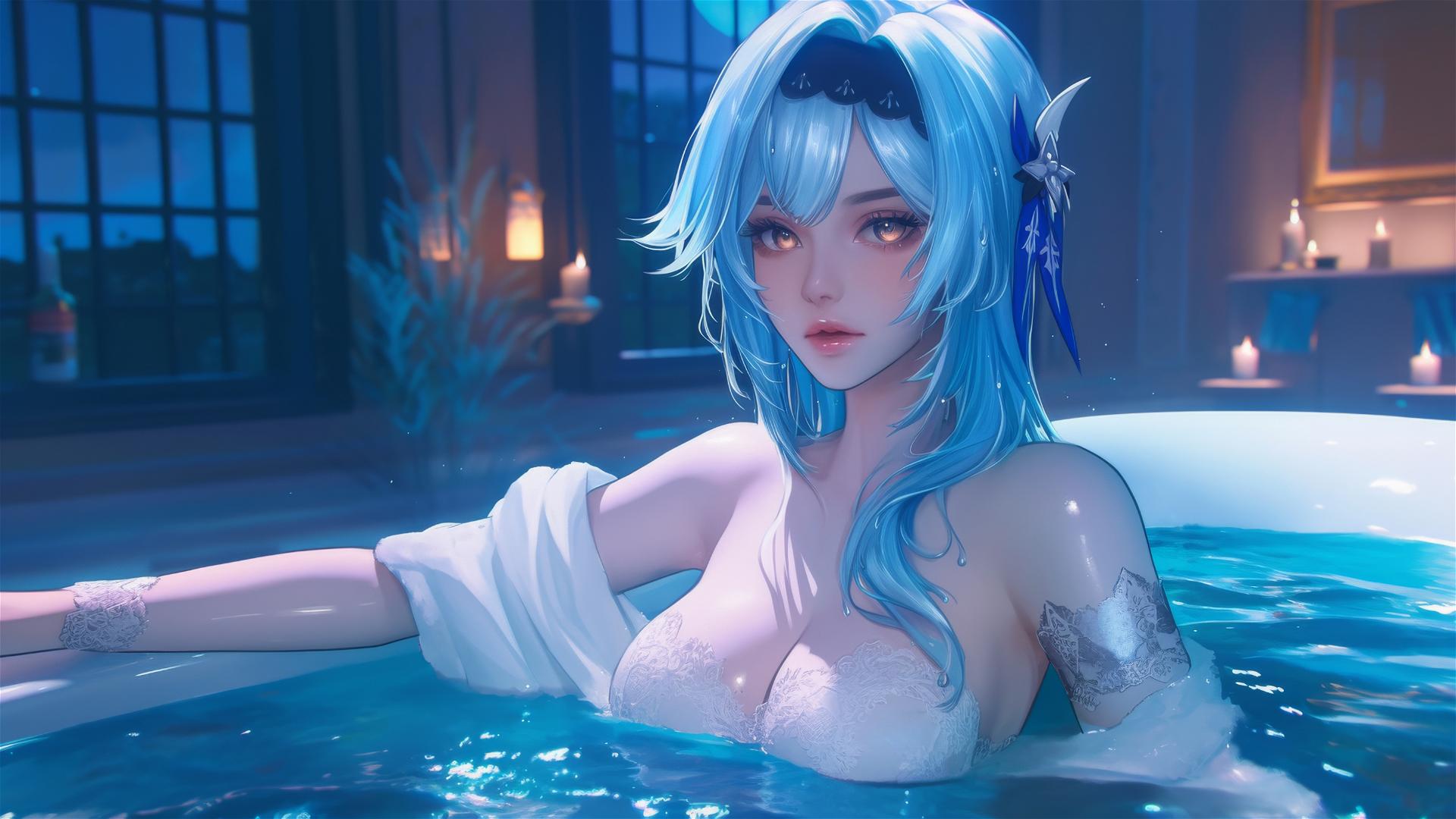Eula Lawrence from Genshin Impact, blue hair, relaxing in a tub with moonlight.