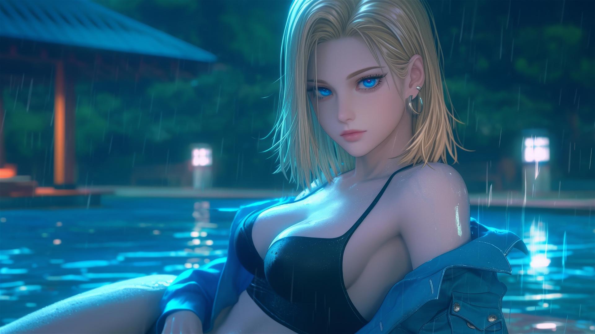 Android 18 resting by a rainy pool under moonlight