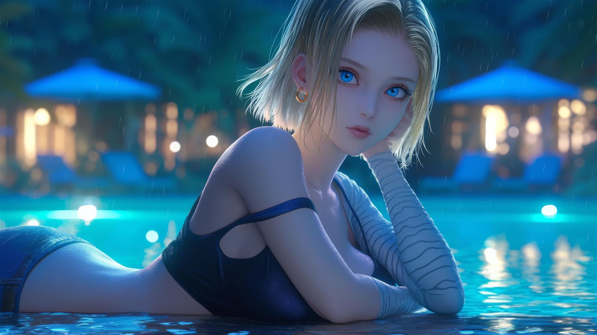 Android 18 resting by a rainy pool with moonlight.