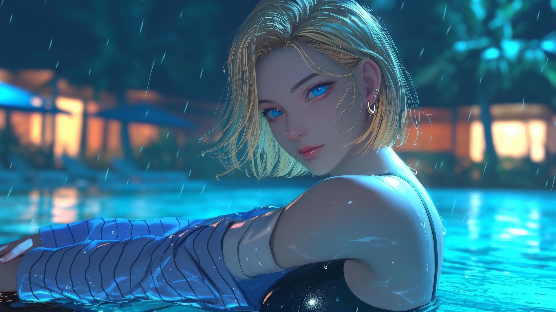 Android 18 resting by a rainy swimming pool under moonlight.