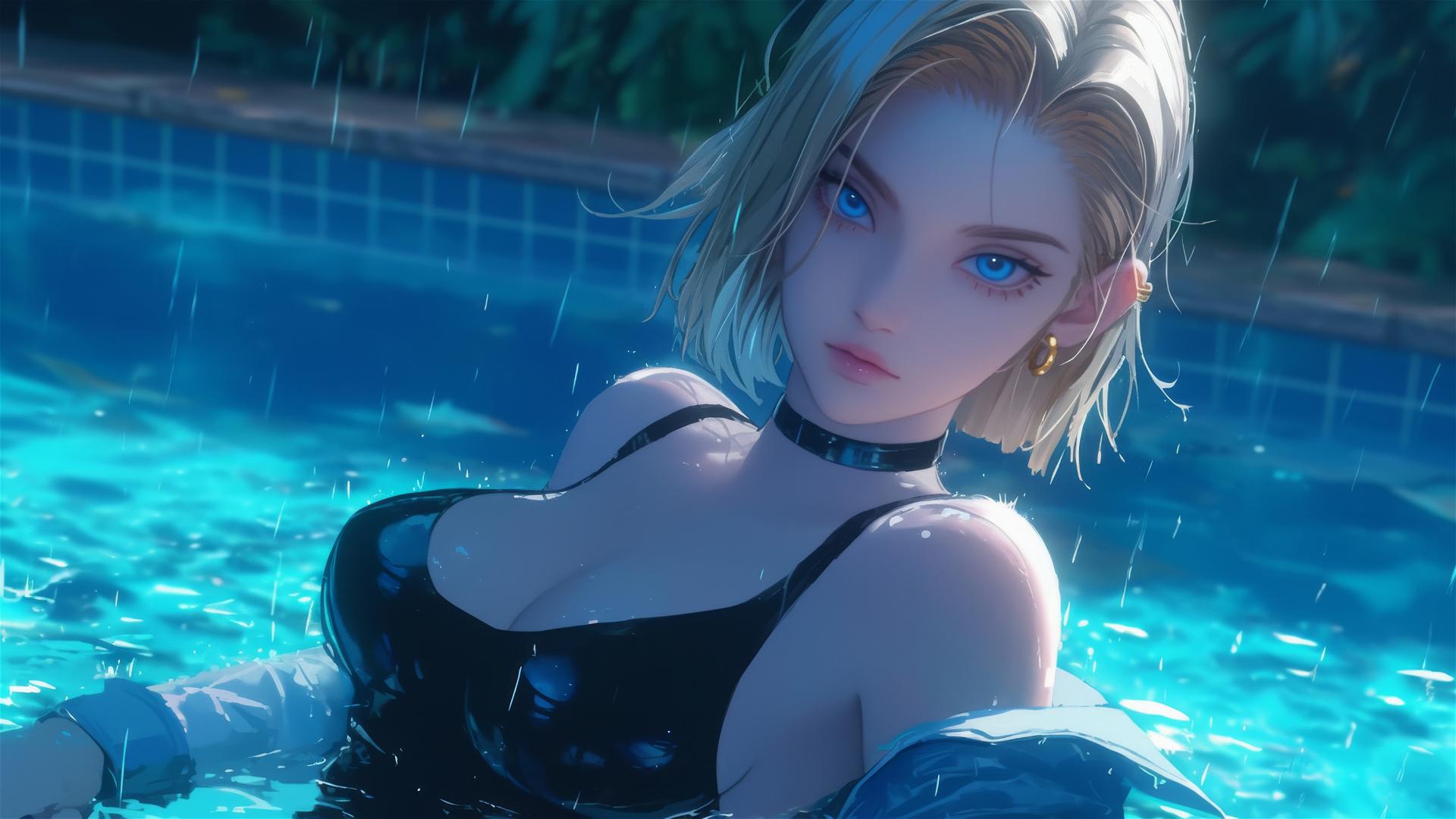 Android 18 resting by a rainy swimming pool in moonlight