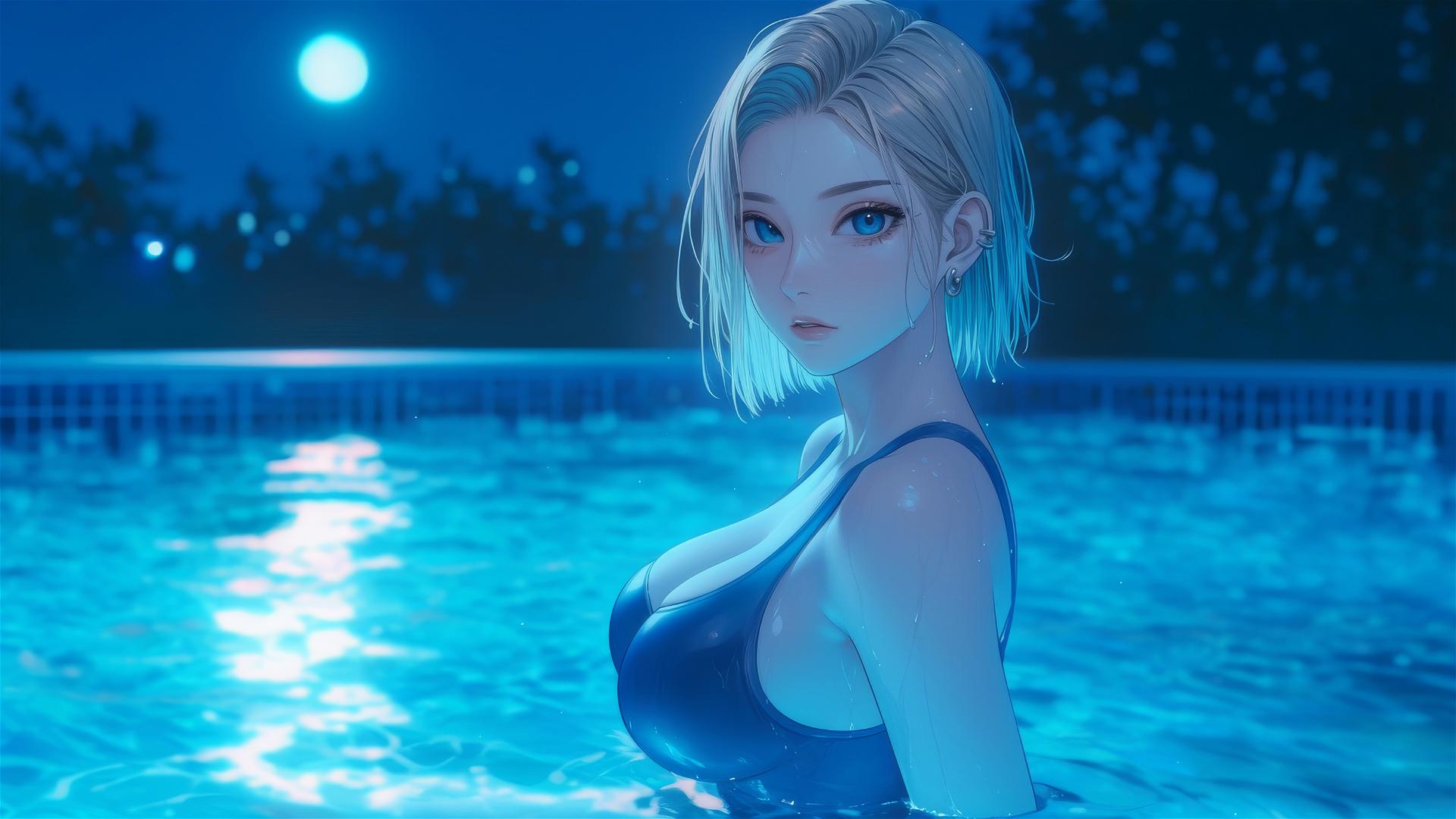 Android 18 from Dragon Ball resting by a rainy pool with moonlight