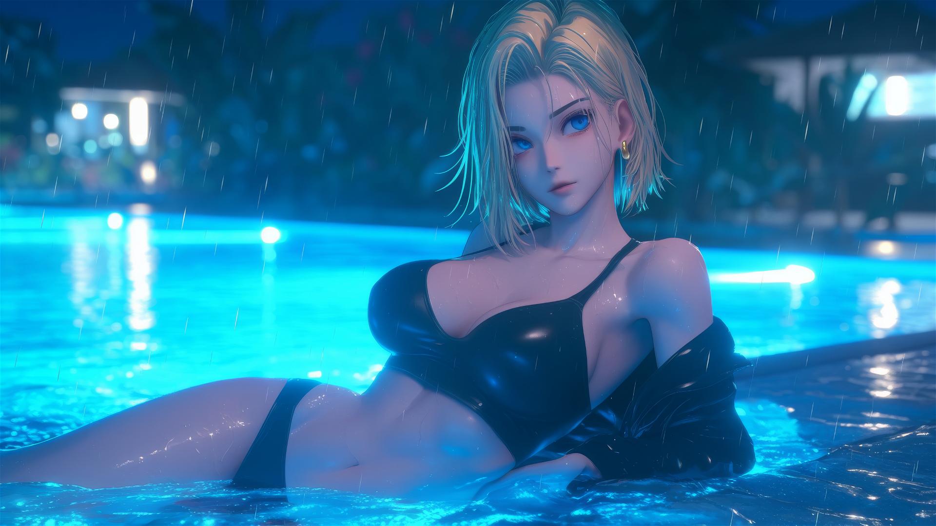 Android 18 resting by a rainy swimming pool under moonlight