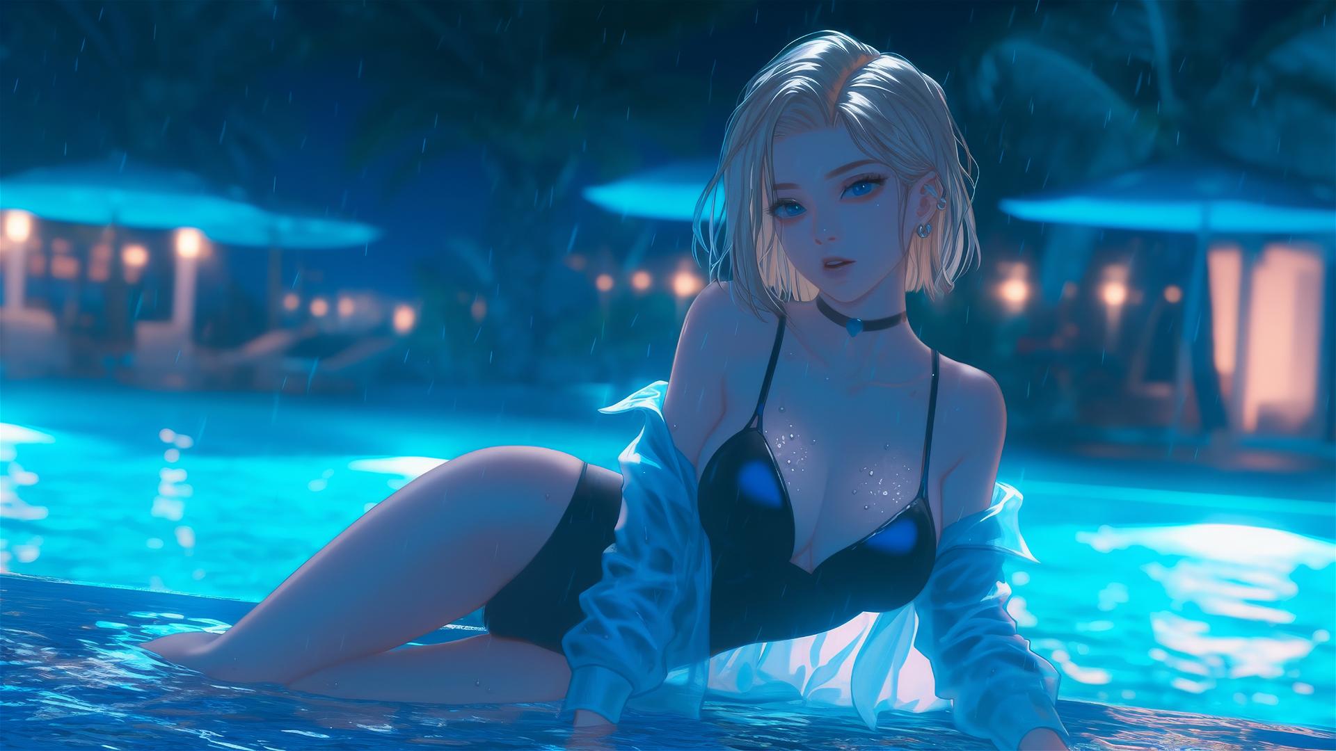 Android 18 from Dragon Ball resting by a rainy swimming pool illuminated by moonlight