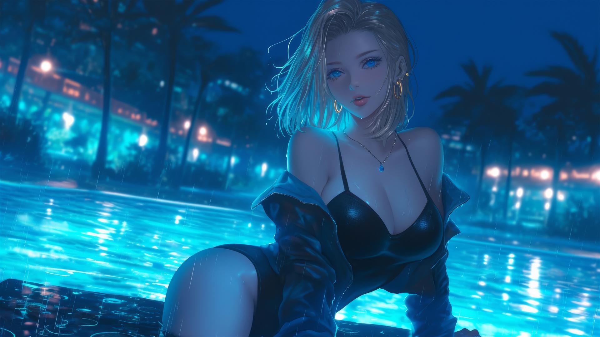 Android 18 from Dragon Ball resting by a rainy swimming pool under moonlight.